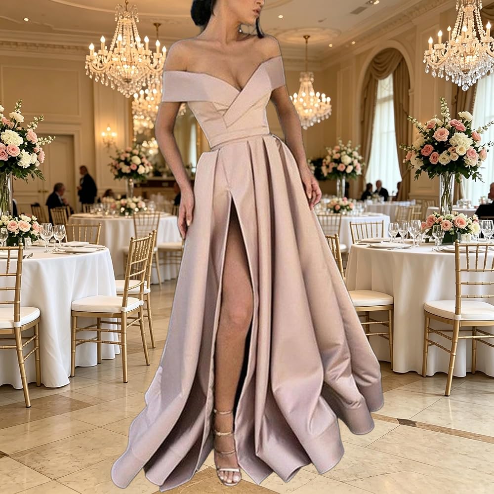 long formal dress for wedding guest Elegant Off Shoulder High Slit Satin Evening Women's Prom Dress Dress, Apricot Fashion harem dress 2021 Prom Dresses in Size:US4/UK8