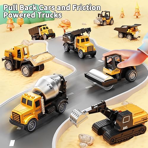 Miniatura 4 de HONGTUO Mini vehículos de construcción de aleación, juego de 8 piezas de juguetes de construcción fundidos a presión, excavadoras, camión mezclador,