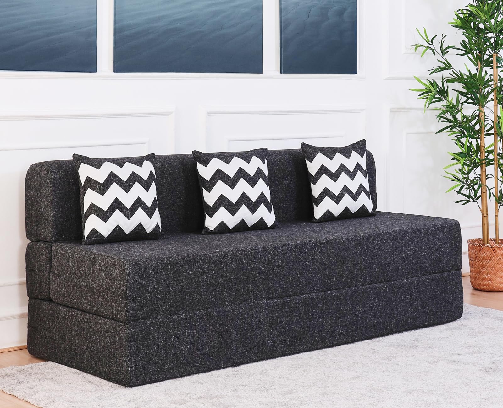 uberlyfe 3 Seater Sofa Cum Bed | Jute Fabric Washable Cover | 3 Cushions Zigzag Pattern | Dark Grey | 5' X 6' Feet