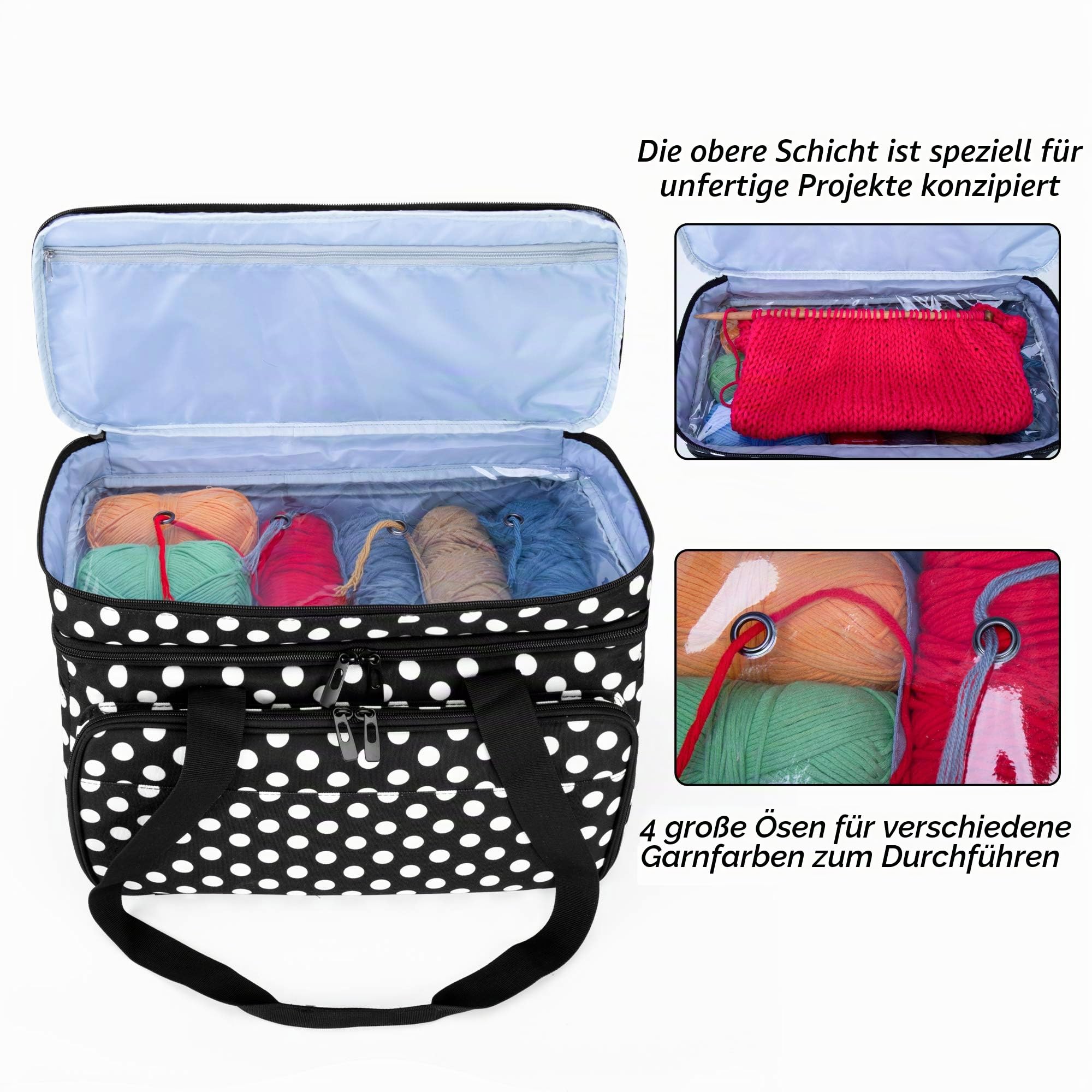 CURMIO Doppelschicht Wolle Tasche, Stricktasche für Garn, Weiß Punkt