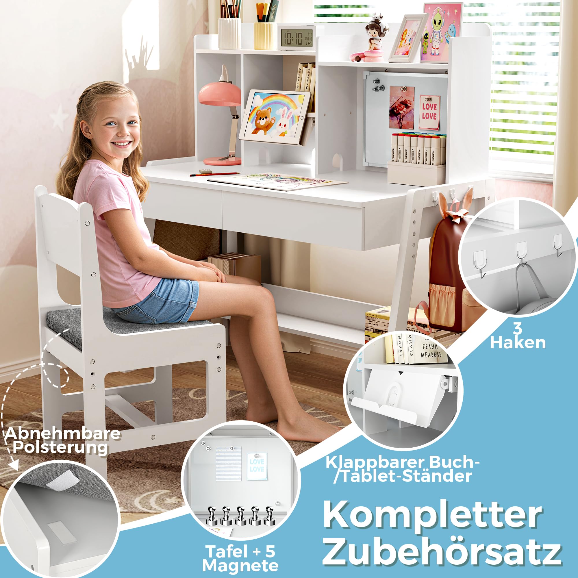 Pamapic Kinderschreibtisch und Stuhl Set, Höhenverstellbarer Kinderschreibtisch, Kinder Schreibtisch mit Regal & Schubladen, Schülerschreibtisch mit Haken, Magnete, Tafel & Stofftasche, Weiß
