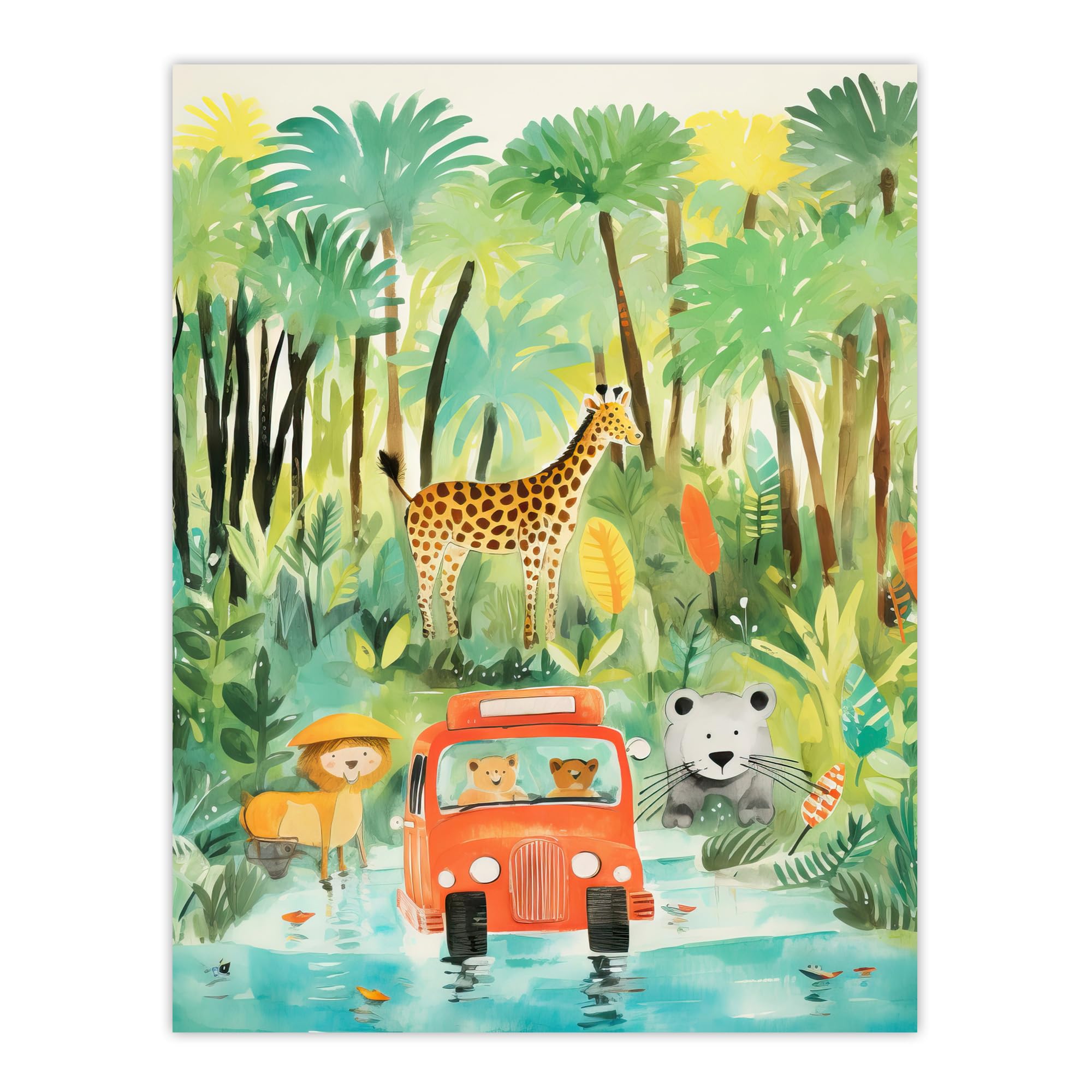 Artery8 Jungle Safari Adventure Animals Kids Bedroom Nursery Giraffe Lion Watercolour Artwork Extra Large XL Wall Art Poster Print