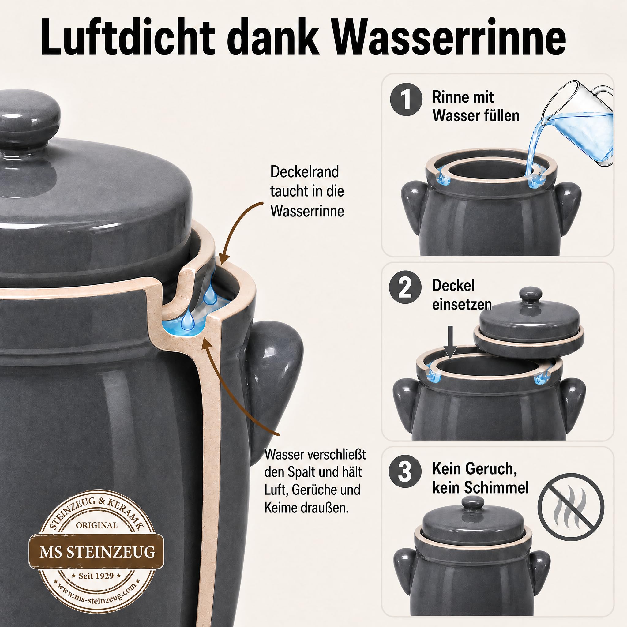 Gärtopf 3 L, Grau, Sauerkrauttopf mit Beschwerungssteinen