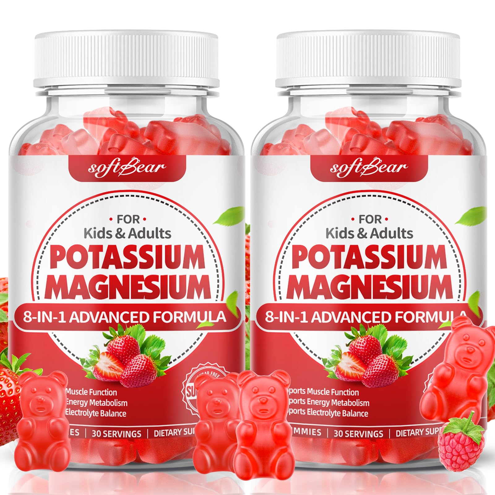 softbear Potassium Gummies for Adults, High Absorption Magnesium Potassium Supplement with Vitamin B6 for Leg Cramps & Muscle Health Sugar-Free Vegan Strawberry 120 Gummies Strawberry 60 Count (Pack of 2)