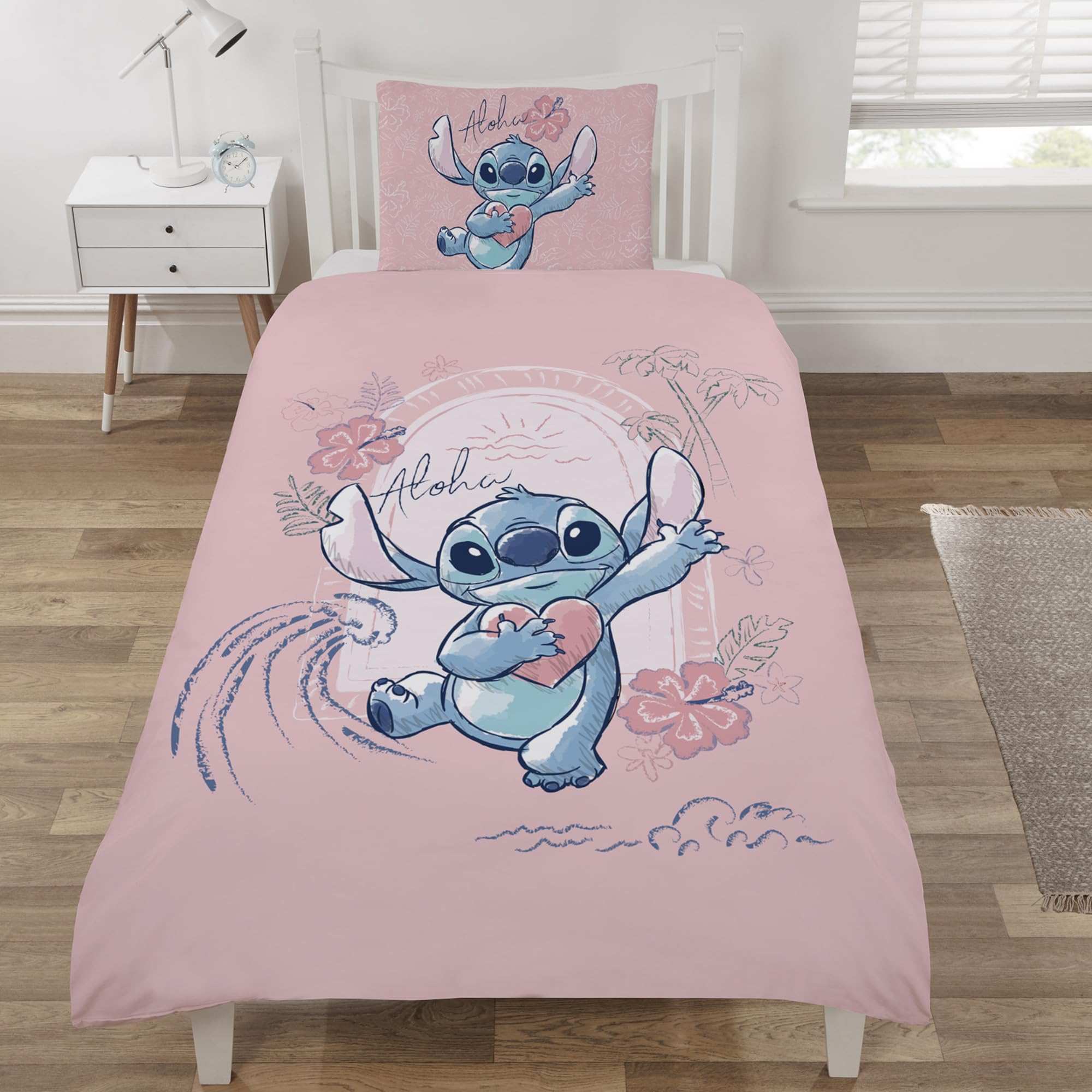Coco Moon Boys Coral Pink Lilo & Stitch Aloha Reversible Single Duvet Cover Set | Lilo And Stitch Bedding Set Includes Single Duvet And Pillow Set & Girls