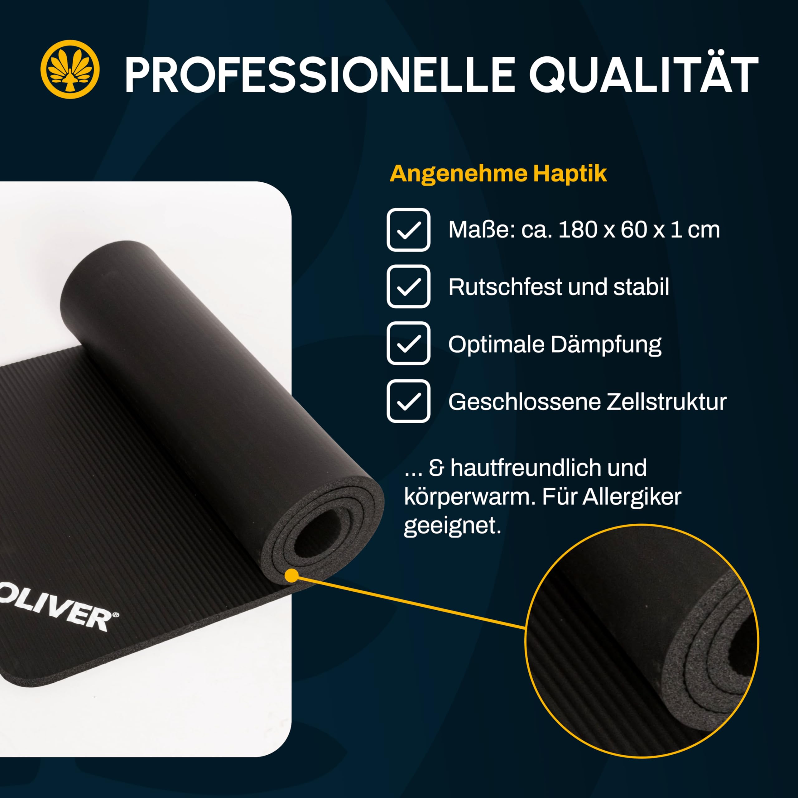 Oliver – rutschfeste Sportmatte gerillt mit Ösen – Yogamatte für Pilates, Gymnastik & Fitness – hautfreundlich & feuchtigkeitsabweisend – Gymnastikmatte Fitnessmatte (180x60x1cm | Anthrazit)