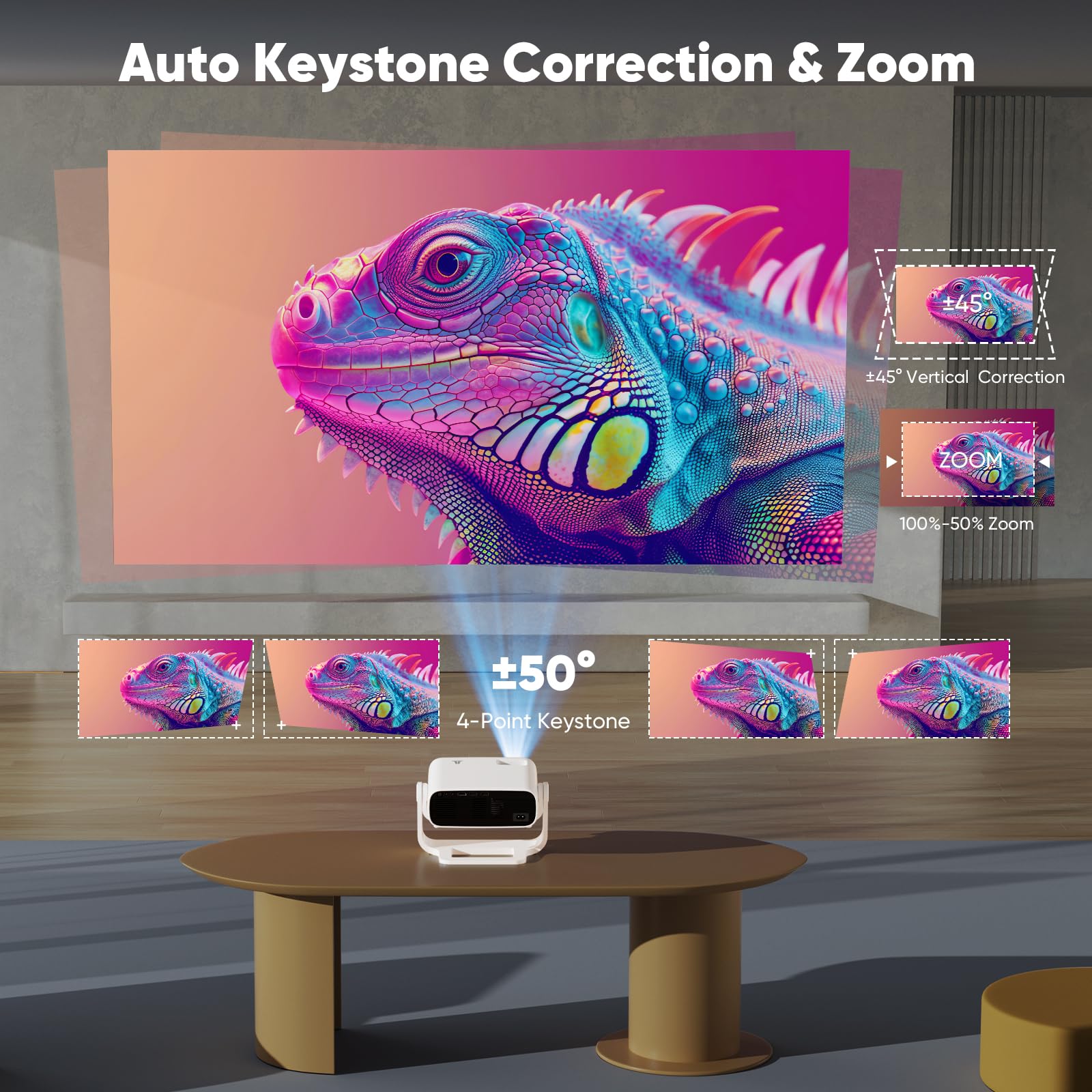 Wielio Smart Projector with WiFi 6 and Bluetooth - 4K Support 350Ansi Portable Bedroom Mini Projector Native 1080P , 2026 New Auto Keystone & Zoom Home Theater Cinema Movie Proyector, 120° Stand