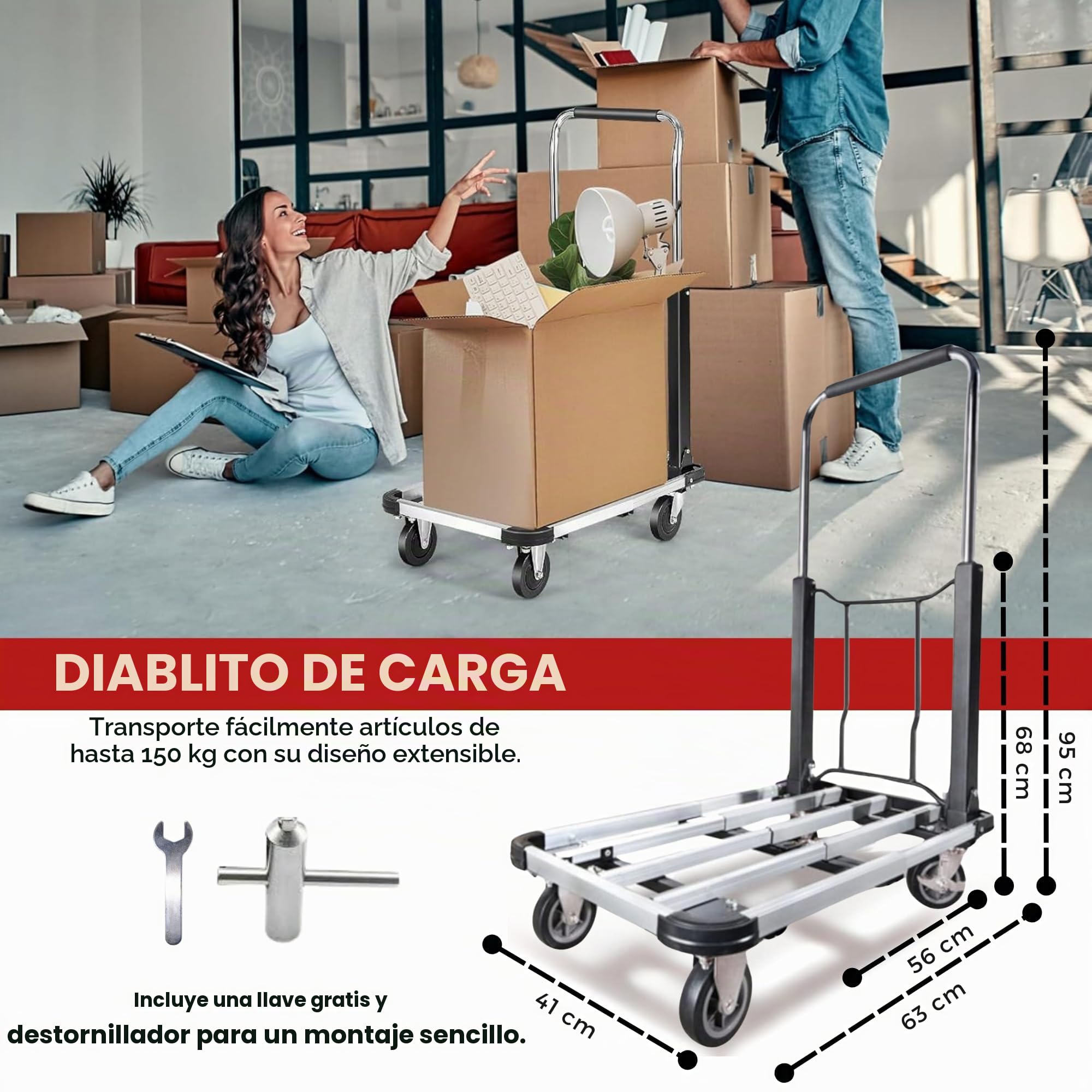 MAGIC SELECT Carretilla de Mano de Aluminio Plegable con 4 Ruedas | Extensible, Ruedas Antideslizantes, Capacidad 150 kg, Carro de Plataforma, Para Almacenes, Jardín, Hogar, Mudanzas