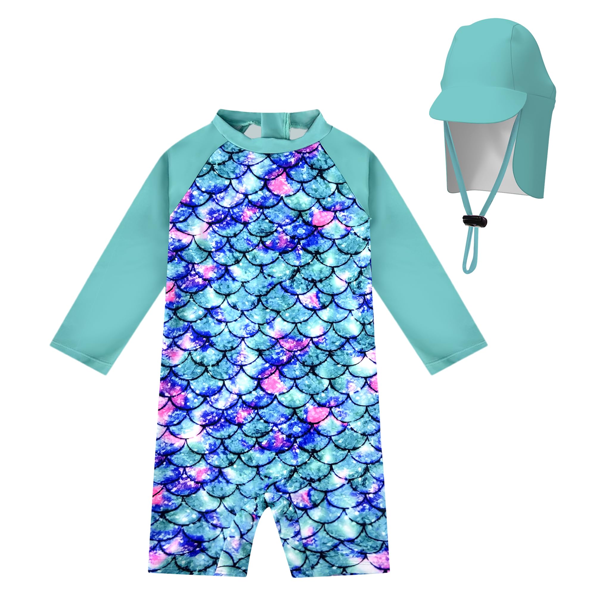 weVSwe Infant Swimsuit Girl One Piece UPF 50+ Baby Rash Guard Long Sleeve Toddler Swimsuit with Sun Hat Green Fish Scales 12-18 Months