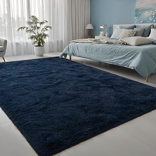 Miniatura 9 de Alfombras de área azul marino esponjosas para dormitorio, sala de estar, alfombras peludas de interior de 5 x 8 pies, alfombra suave de felpa para