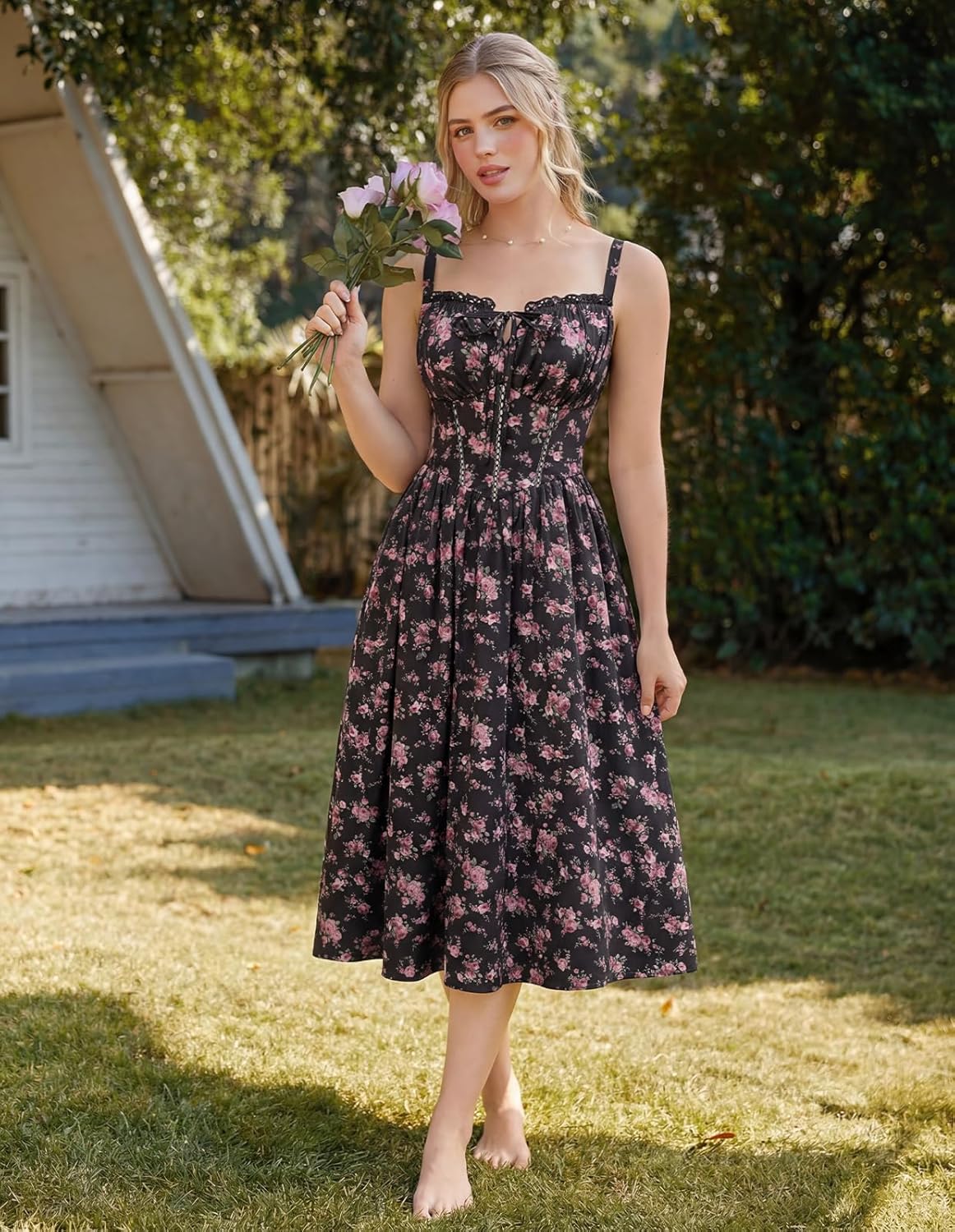 Scarlet Darkness Women 2026 Floral Corset Dress Summer Milkmaid Sundress Wedding Guest Dresses with Pockets