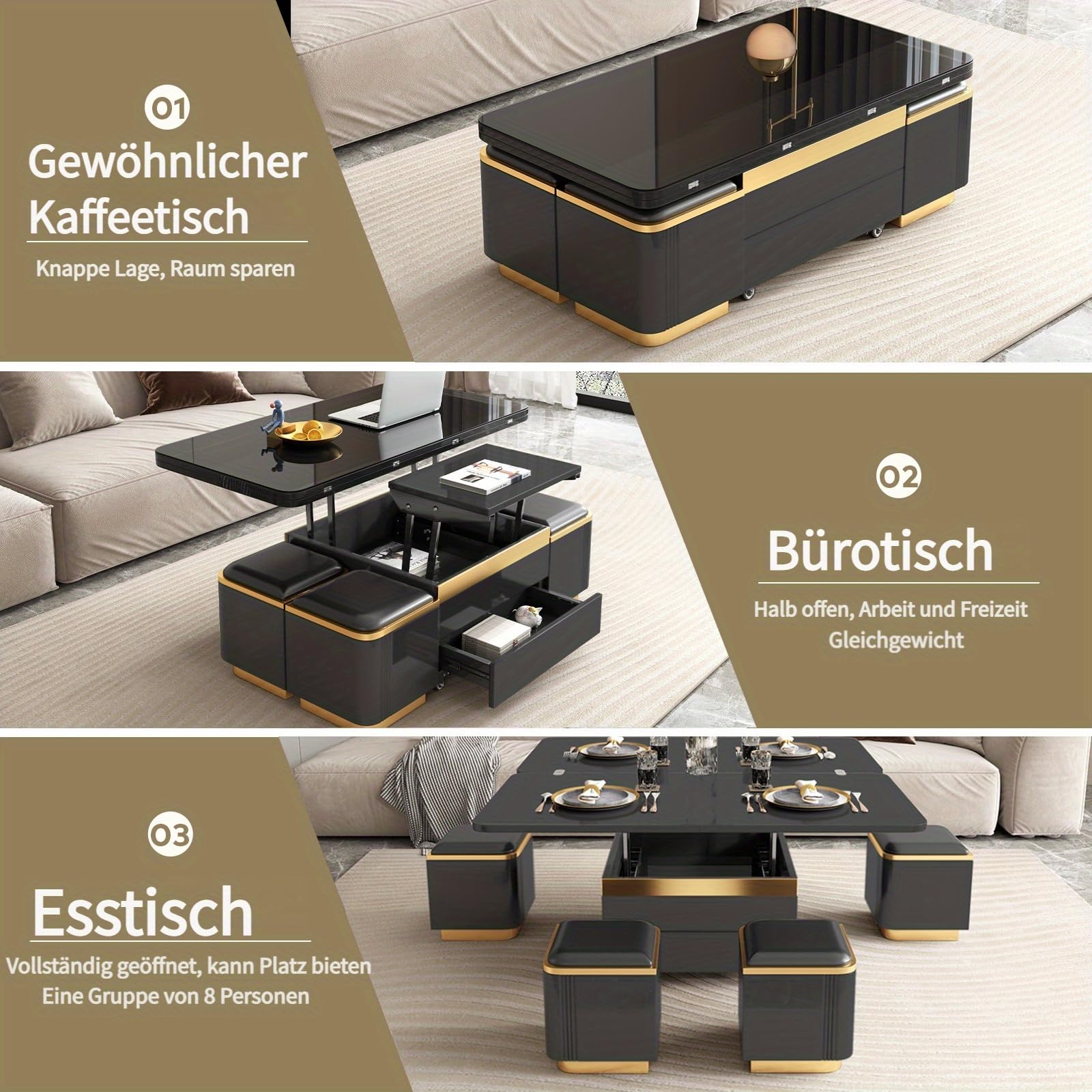 Guyii Höhenverstellbarer Couchtisch 120 cm lang mit Ablage, Multifunktionaler Cauchsofa Tisch, Coffee Table mit integriertem Stauraum und Klapptisch, Moderner Design für Wohnzimmer (schwarz)