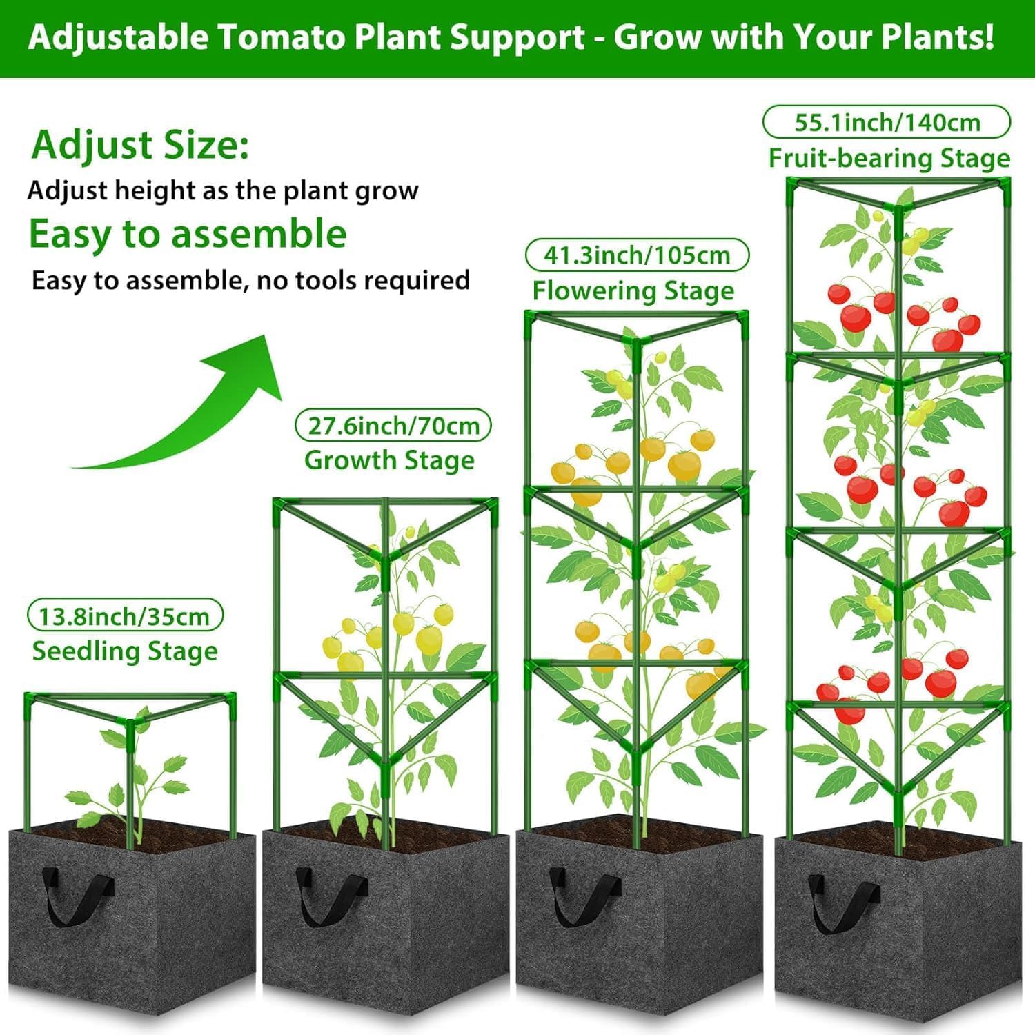 Tomato Cages for Garden with 3 Grow Bags 10 Gallons, 3 Pack Metal Tomato Cage Trellis, Garden Cage Heavy Duty Tomato Stake Support