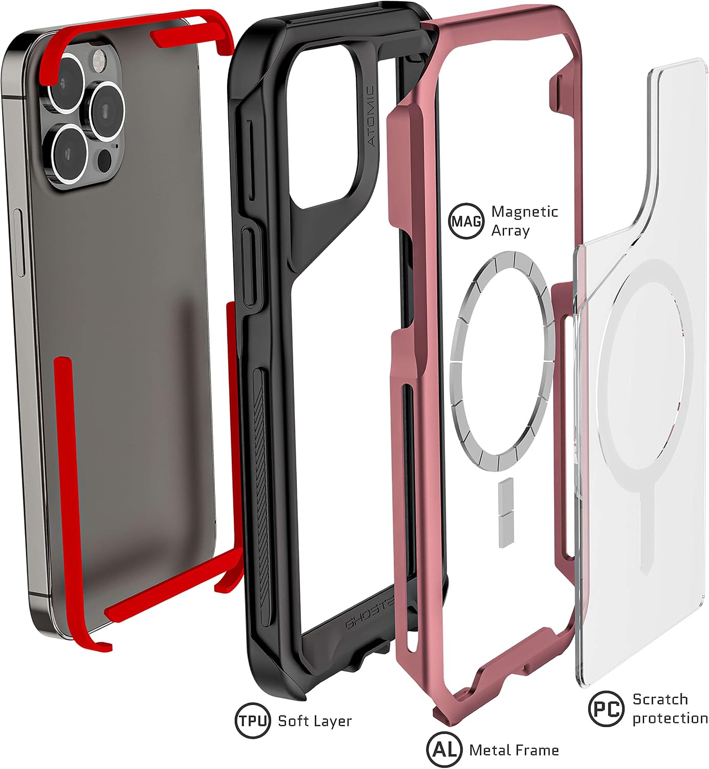 Ghostek ATOMIC slim iPhone 13 Pro Max Case for Women Girly with MagSafe Ring Crystal Clear Back Shockproof Heavy Duty Protective Phone Cover Designed for 2021 Apple iPhone 13 Pro Max (6.7 inch) (Pink)