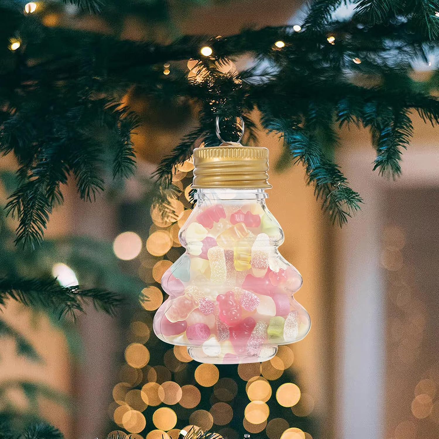 CALLARON 10pcs Christmas Tree Candy Jars 50ml Empty Juice Bottles with Gold Hanging Lid Reusable Beverage Storage Containers for Party and Holiday Decoration