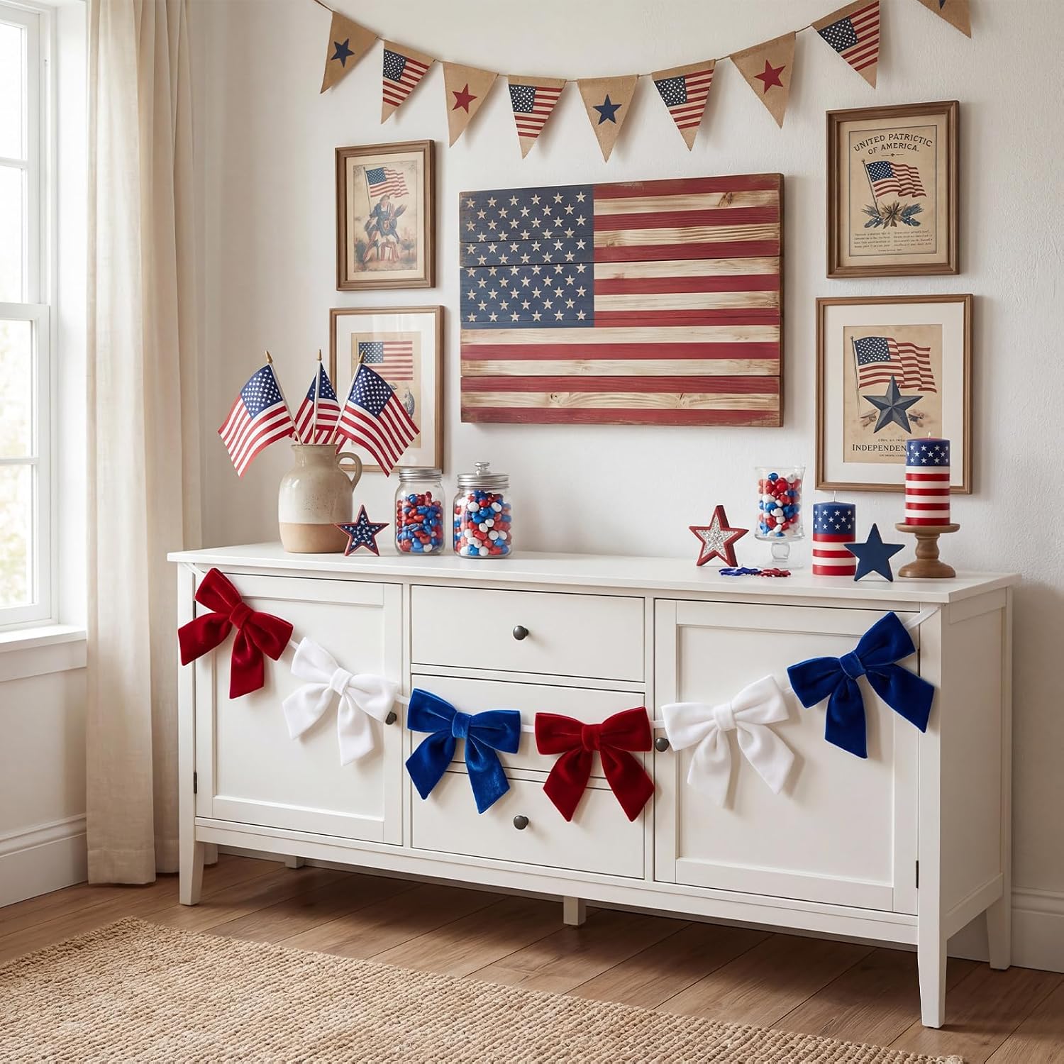 Moukeren 6.5ft 4th of July Velvet Bow Garland Red White Blue Patriotic Bow Banner, Patriotic Garland Banner 250th Anniversary Hanging Decoration for Independence Day Memorial Day Party Supplies