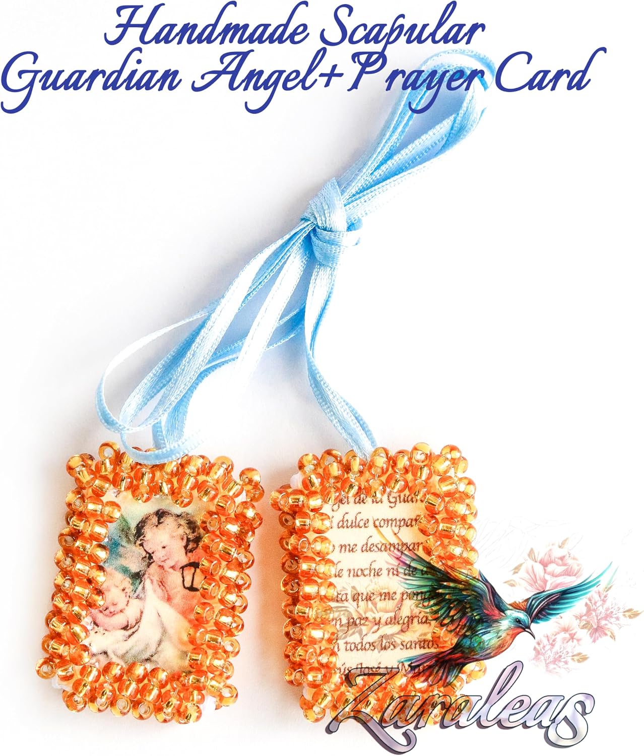 Guardian Angel Scapular Handmade Blue Cord - Crystal Beaded Protection Amulet with Prayer - Religious Catholic Jewelry Gift for Baptism, Christening, or Baby Shower Size 2,5cm x 3cm by Zaraleas
