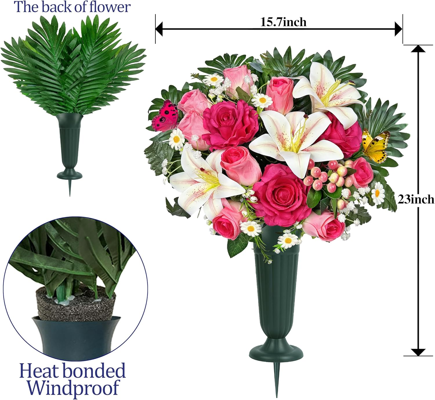 Artificial Cemetery Flowers with Vase for Grave Decoration - Headstones Memorial Flowers Bouquet- Pink Rose Lily Berries Daisy