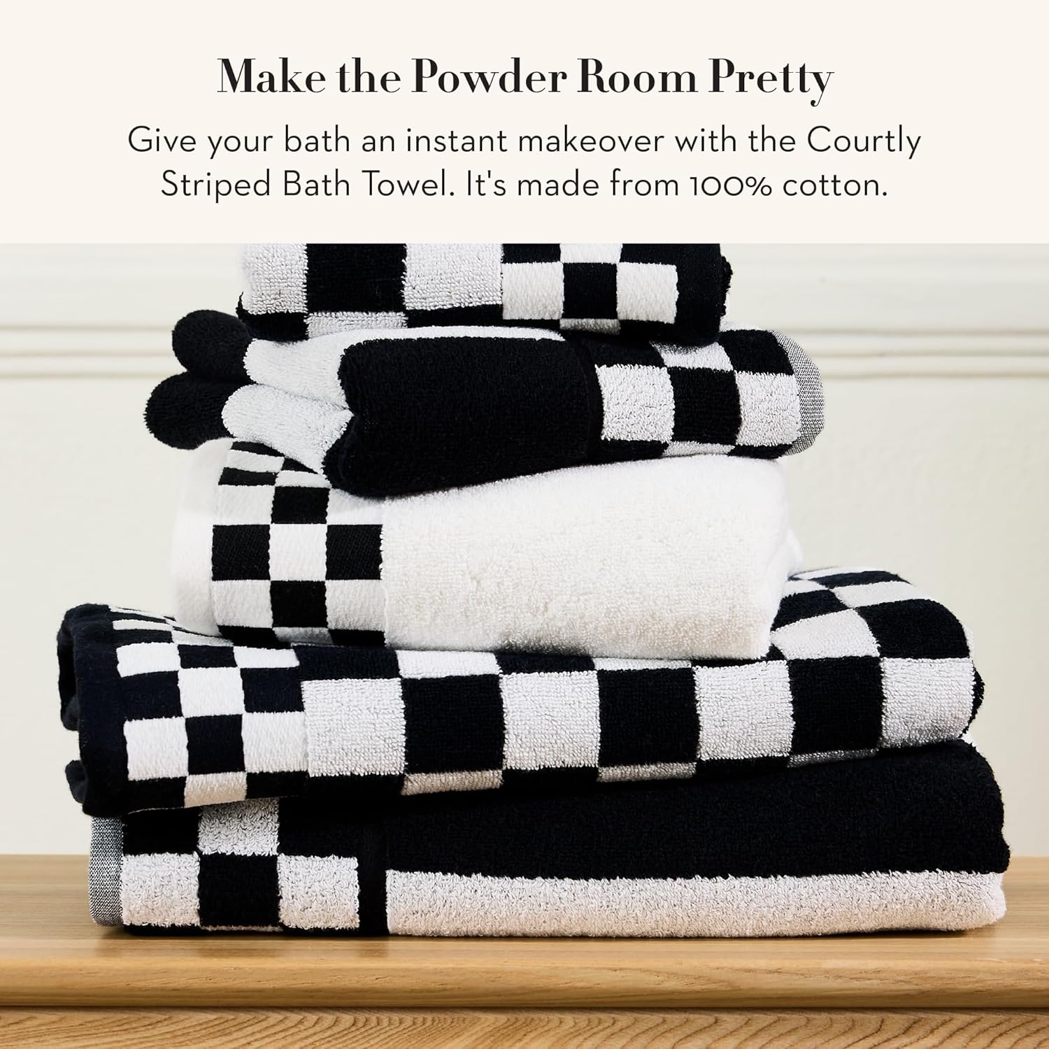 MACKENZIE-CHILDS Cotton Bath Towel, Cute Decorative Bathroom Towel, Black-and-White Courtly Striped
