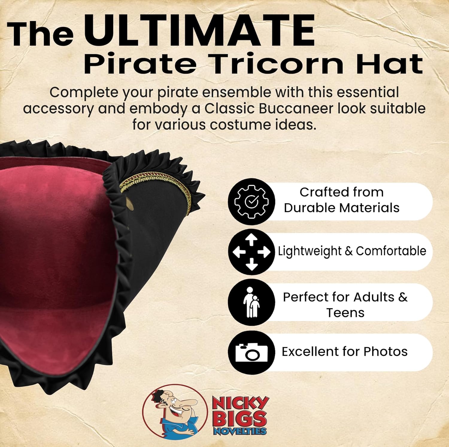 Nicky Bigs Novelties Black Pirate Hat For Women, Tricorn Hat For Adults, Captain Hats, Buccaneer Cap - Image 2