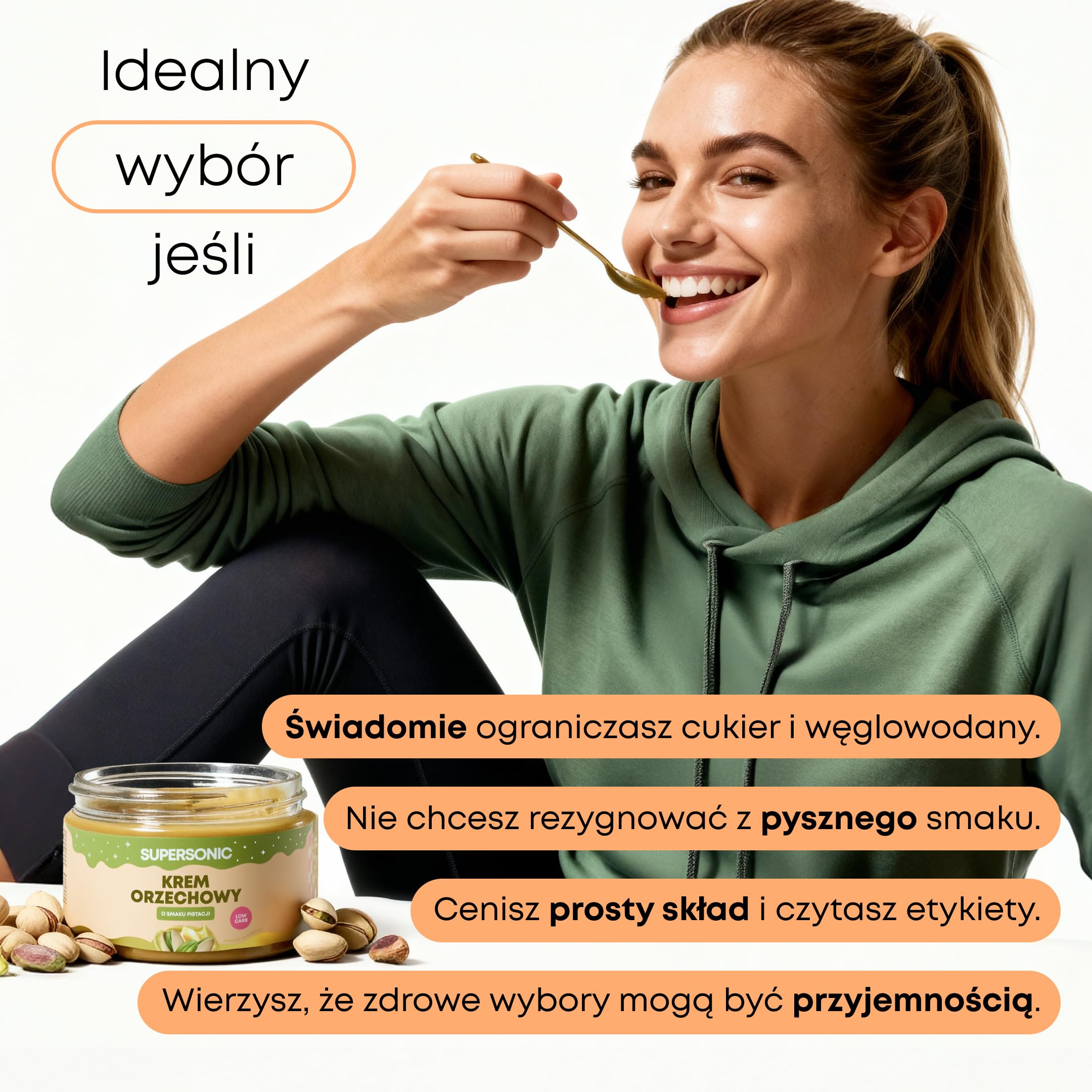 Supersonic Krem Orzechowy Pistacjowy 250 g – Bez Dodatku Cukru, Keto | Wegański, wysoka zawartość błonnika, bez oleju palmowego, 27% orzeszków ziemnych, olej MCT, inulina, do smarowania
