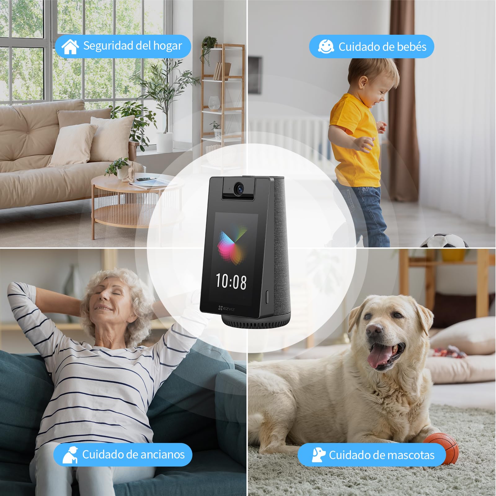 EZVIZ S10 Cámara Vigilancia WiFi Interior 2K+ 360°, Pantalla Táctil 4" con Videollamada, IA Detección Humana/Mascota/Llanto, Monitor Bebé/Ancianos, Álbum Digital y Altavoz Bluetooth,WiFi 6 2.4/5GHz