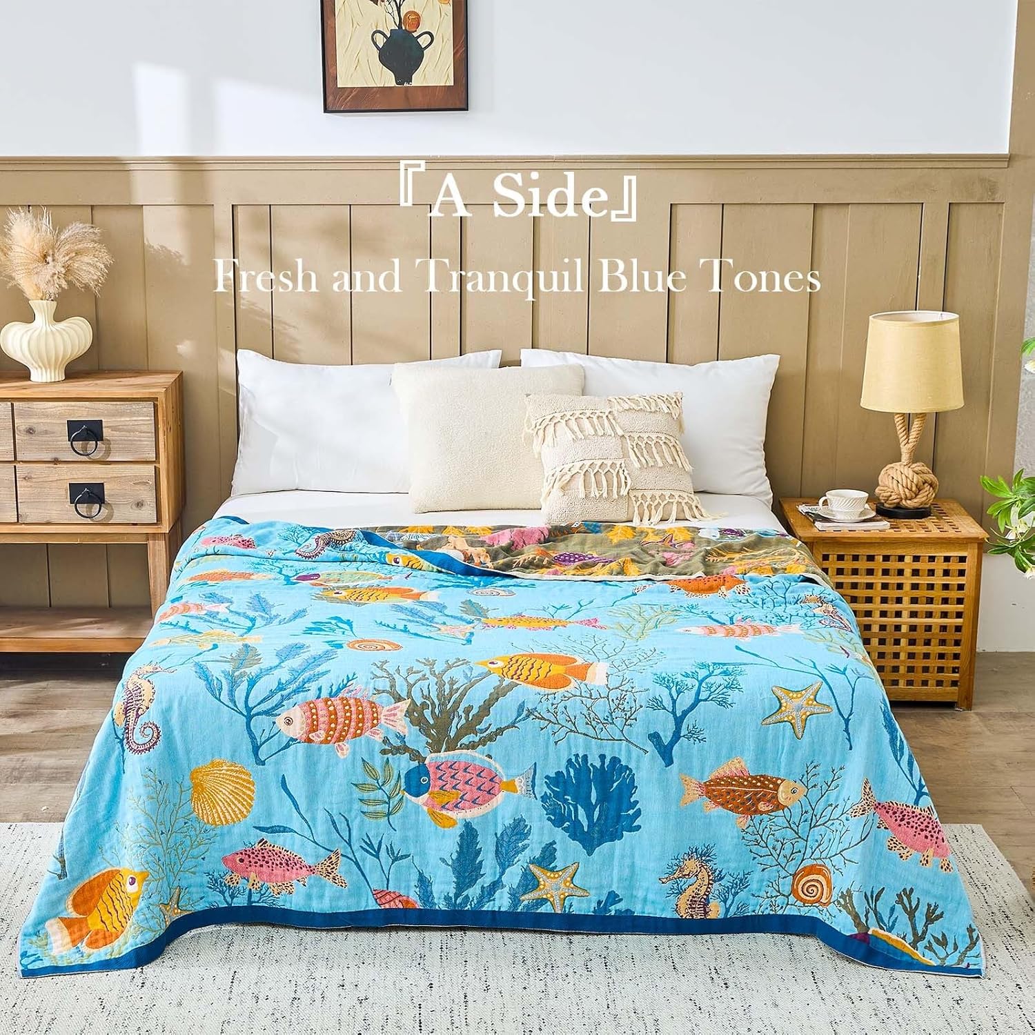 Blue Boho Blanket, 60"x80" Soft Farmhouse Decorative Throw Blanket, 100% Cotton Reversible Vintage Muslin Quilt Bohemian Decor Woven Blanket All Season Blankets for Sofa Couch Chair - Image 2