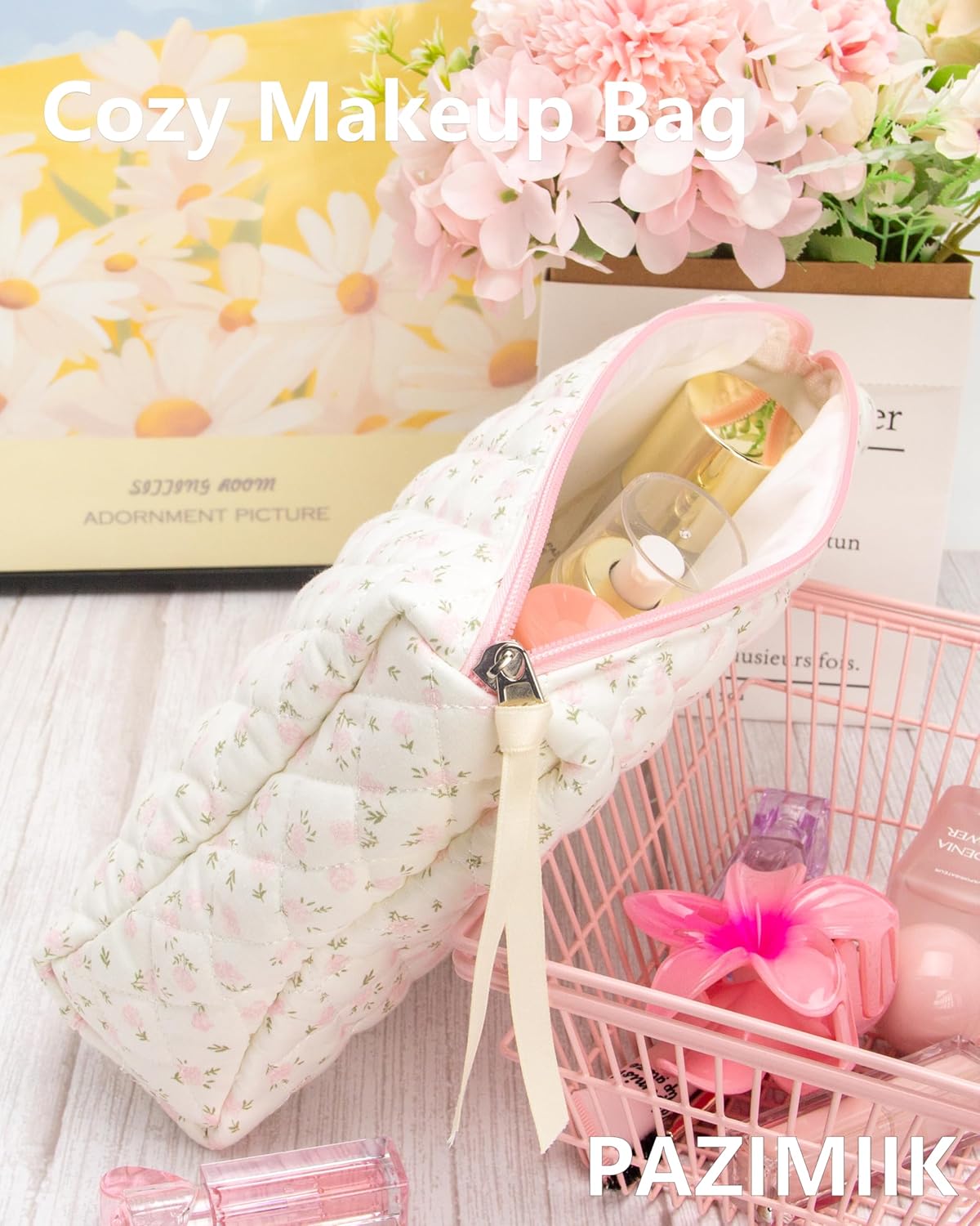 3PCS Makeup Bag SET Large Travel Quilted Zipper Soft Cosmetic Case Pouch for Women Girls Make Up,Little Flower Pink - Image 5