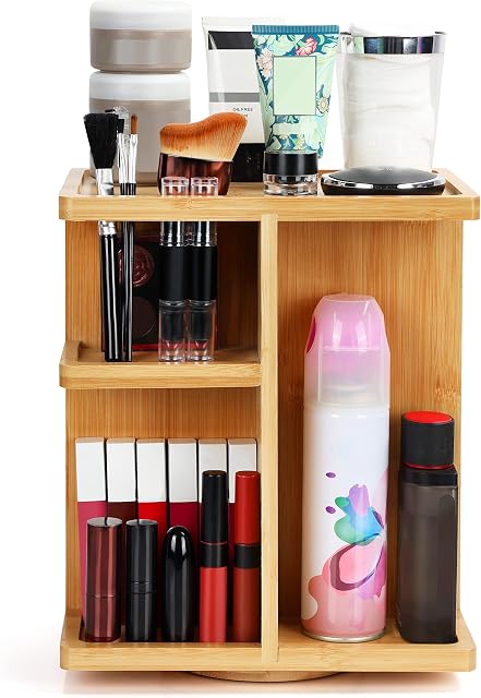 BELLE VOUS 360 Degree Rotating Makeup Organiser - Large Spinning Cosmetic Storage Holder - Bamboo Carousel Vanity Stand for Bathroom/Bedroom Countertop - Lipstick, Makeup Brushes & Cosmetics Box