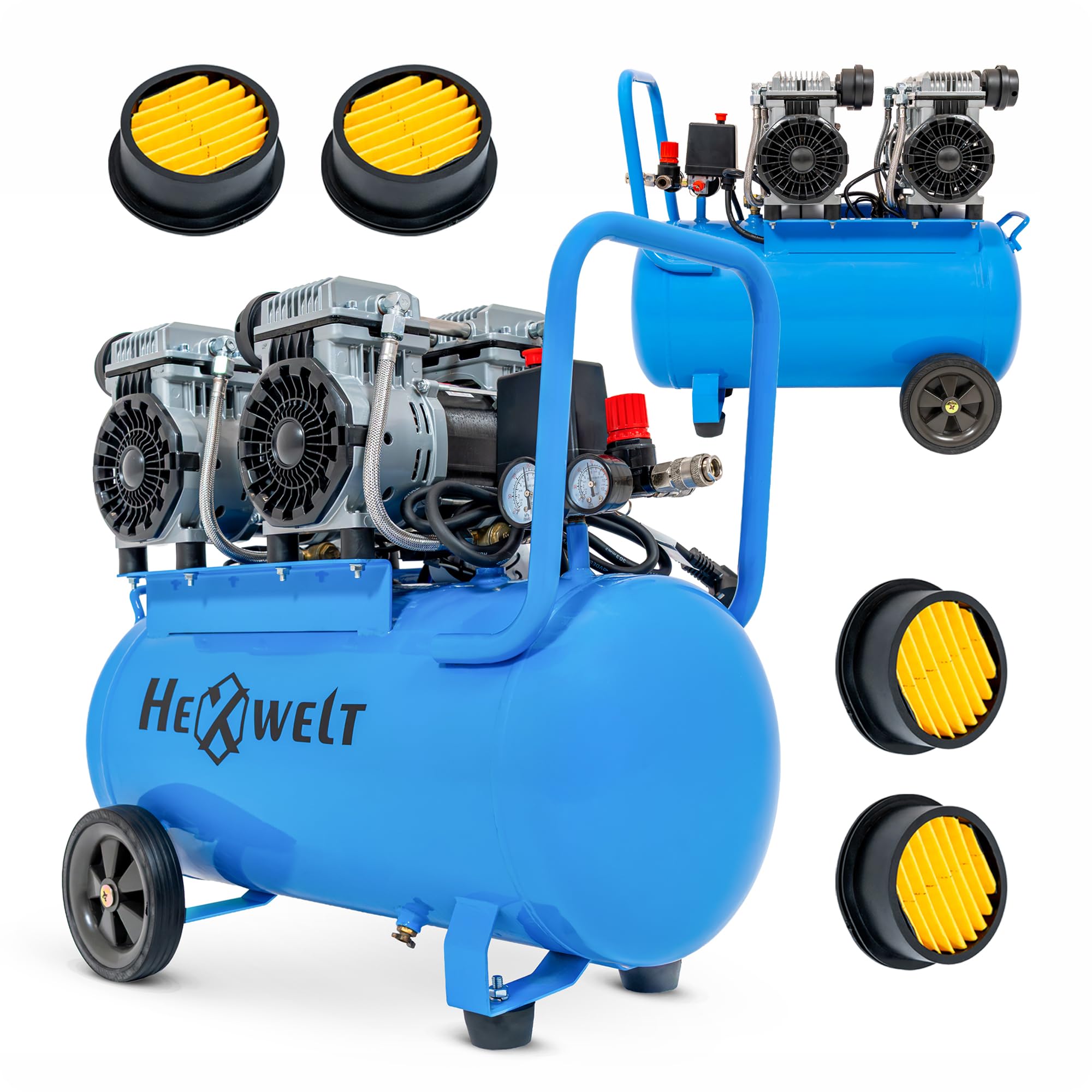 Compresseur 50L Compresseur d'air 8 Bar, 1500W / 3000W, sans huile ou lubrifié à l'huile, 250–380 l/min, 1/4", 2 sorties, manomètre, détendeur, pour atelier, garage et pneus (4T-50L)