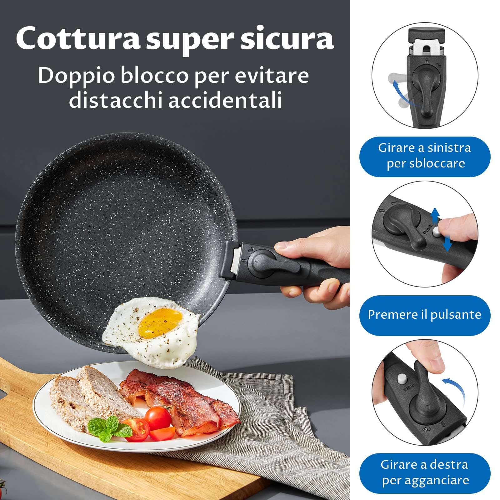 BEZIA Set di Pentole 10 Pezzi, Set Pentole e Padelle con Manico Removibile, Pentole Antiaderente, Impilabile per Camper, Prive Di Sostanze Tossiche, Senza PFOA, Compatibile con Induzione e Gas/Forno