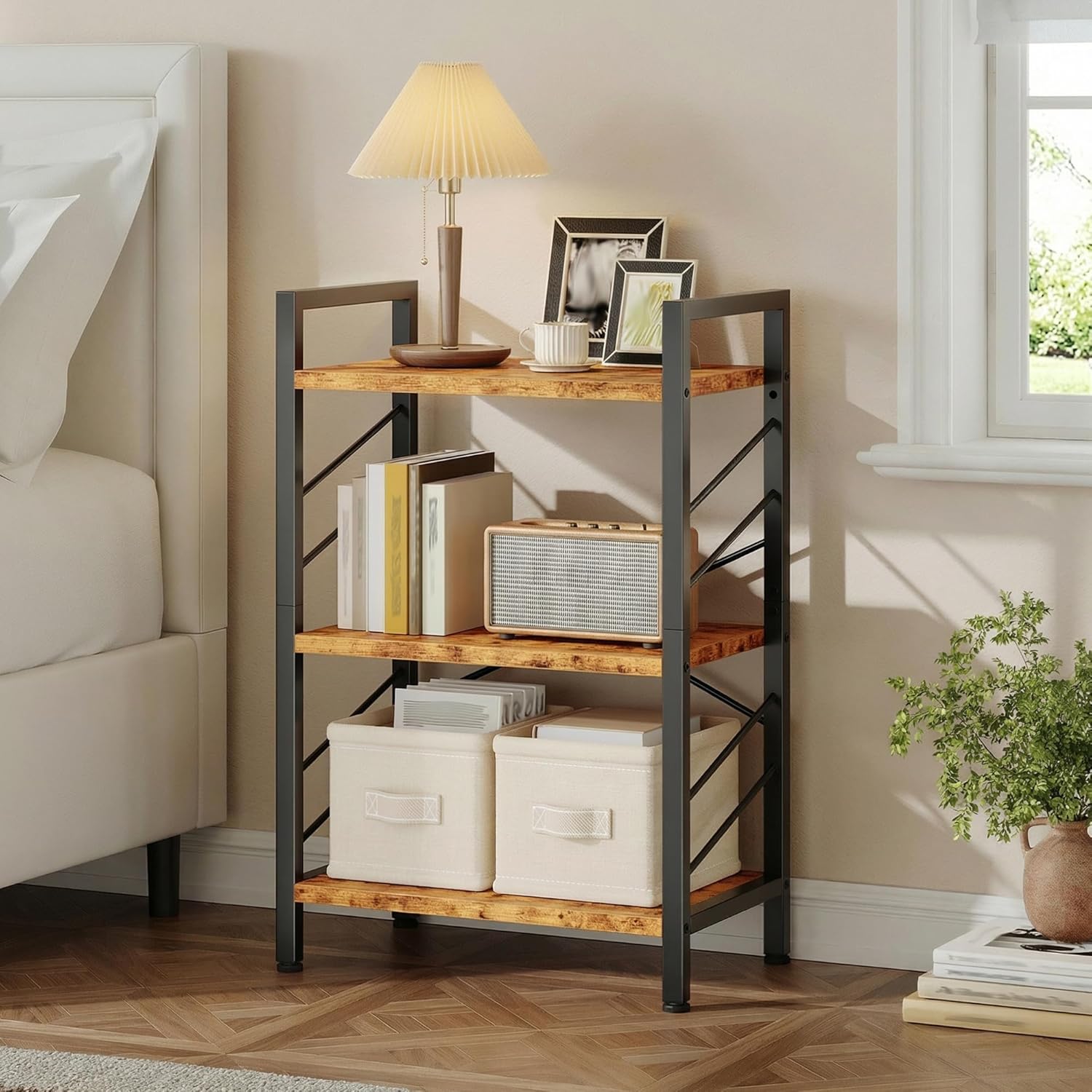 DurayLoly Book Shelf, Industrial 3 Tier Small Bookshelf, Bookcase with Metal Frame and Sidebars, Storage Shelves for Bedroom, Home Office and Living Room, Rustic Brown