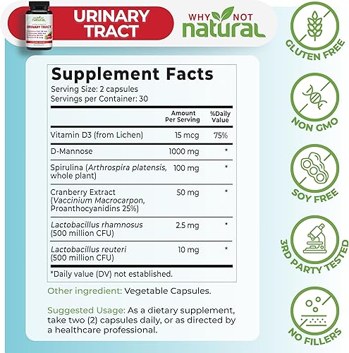 Miniatura 4 de Why Not Natural Píldoras UTI 5 en 1 con manosa D, extracto de arándano PAC, probióticos y vitamina C y D, fórmula de salud urinaria para mujeres y