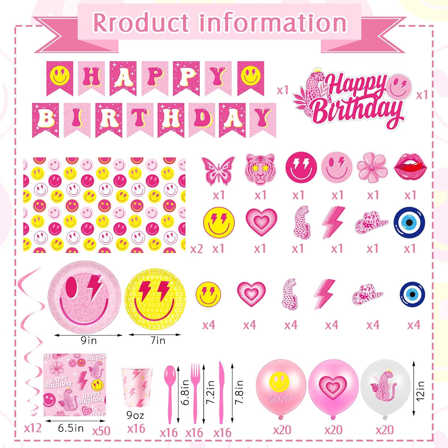 Zhehao 227 Pcs Preppy Party Decorations Pink Smile Face Tableware Set Preppy Birthday Banner Pink Smile Balloon Y2K Girl Napkin Hanging Swirl Cupcake Topper for Bachelorette Birthday Baby Shower Party