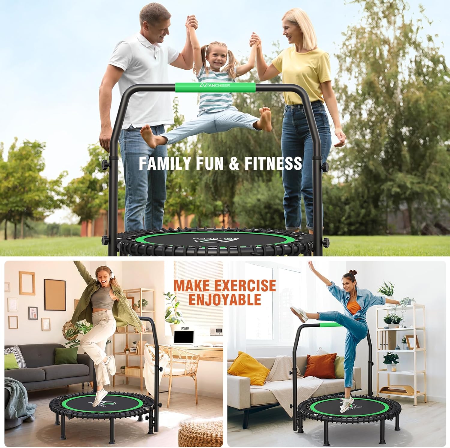 ANCHEER Rebounder Trampoline 40" Bungee Rebounder with 4-Level Adjustable Handle,Mini Trampoline Max 400 LBS Heavy-Duty Fitness Trampoline, Waterproof UV-Resistant Indoor Outdoor Exercise Trampoline - Image 4