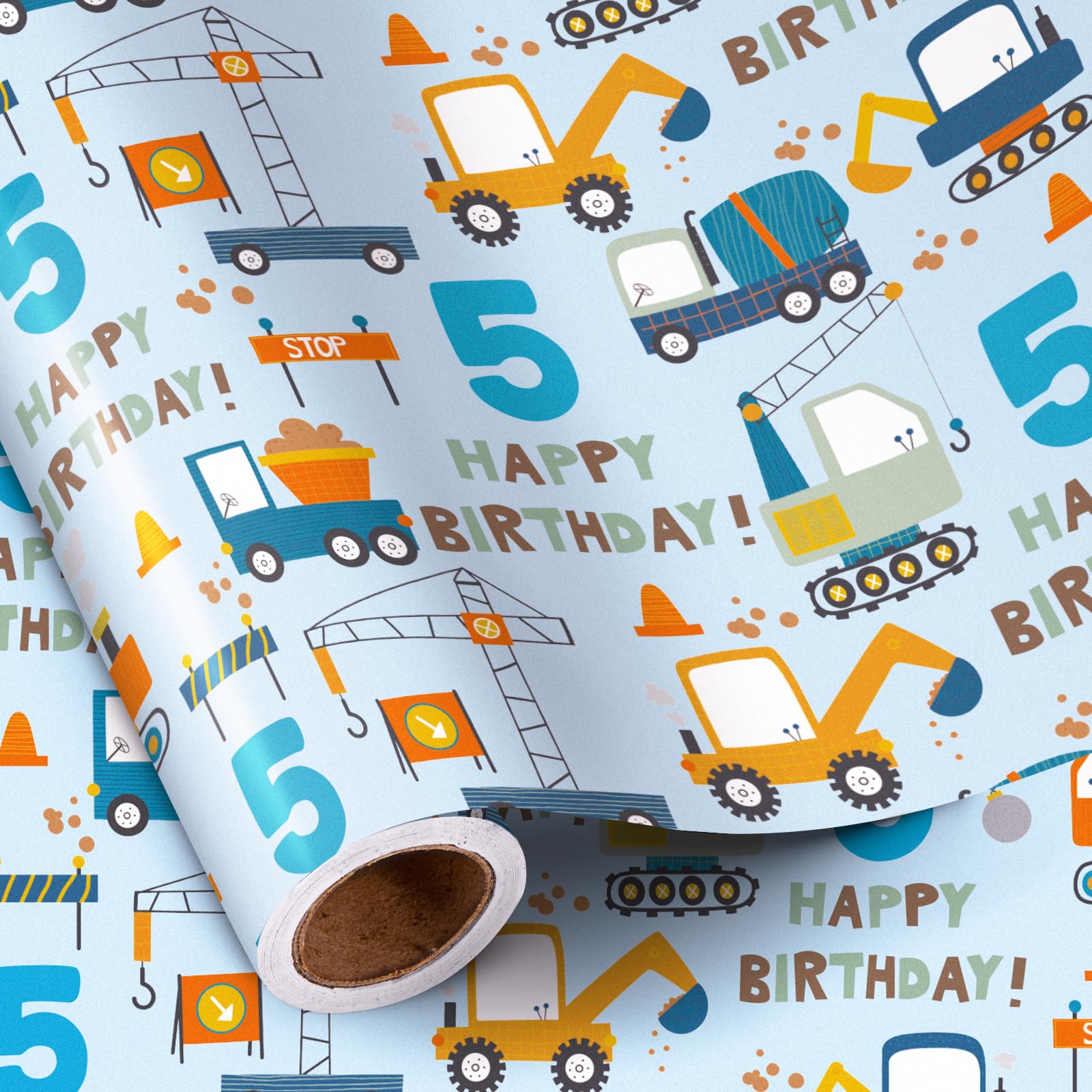 RUSPEPA 5th Birthday Wrapping Paper for Boy - Mini Roll - Blue Cartoon Cars Trucks and "Happy Birthday" Text Pattern- 43.2cm x 5m - 5 Years Old
