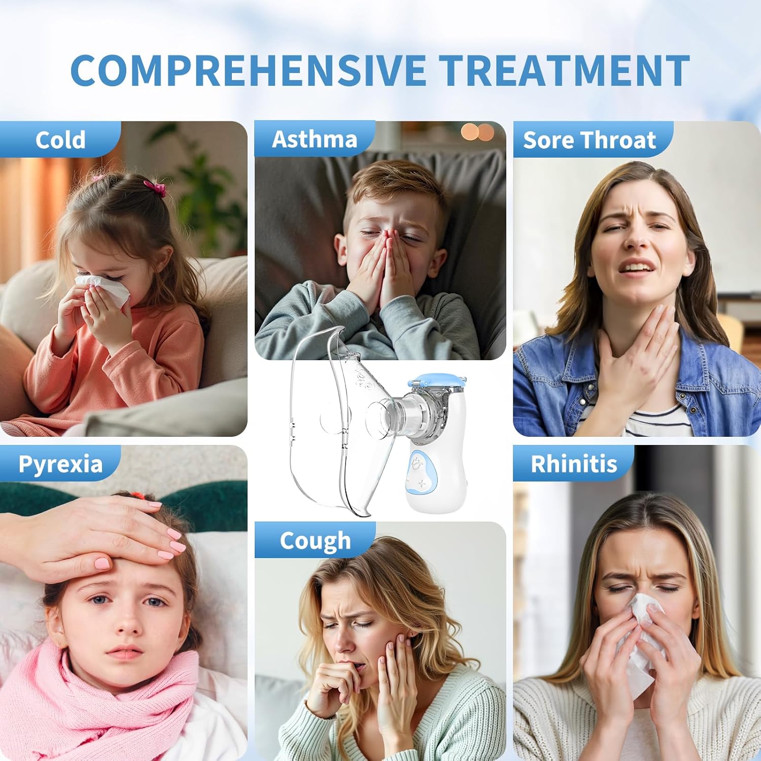 Various individuals (child with cold, child with asthma, adult with sore throat, adult with pyrexia, adult with rhinitis, adult with cough) demonstrating the comprehensive treatment applications of the nebulizer.