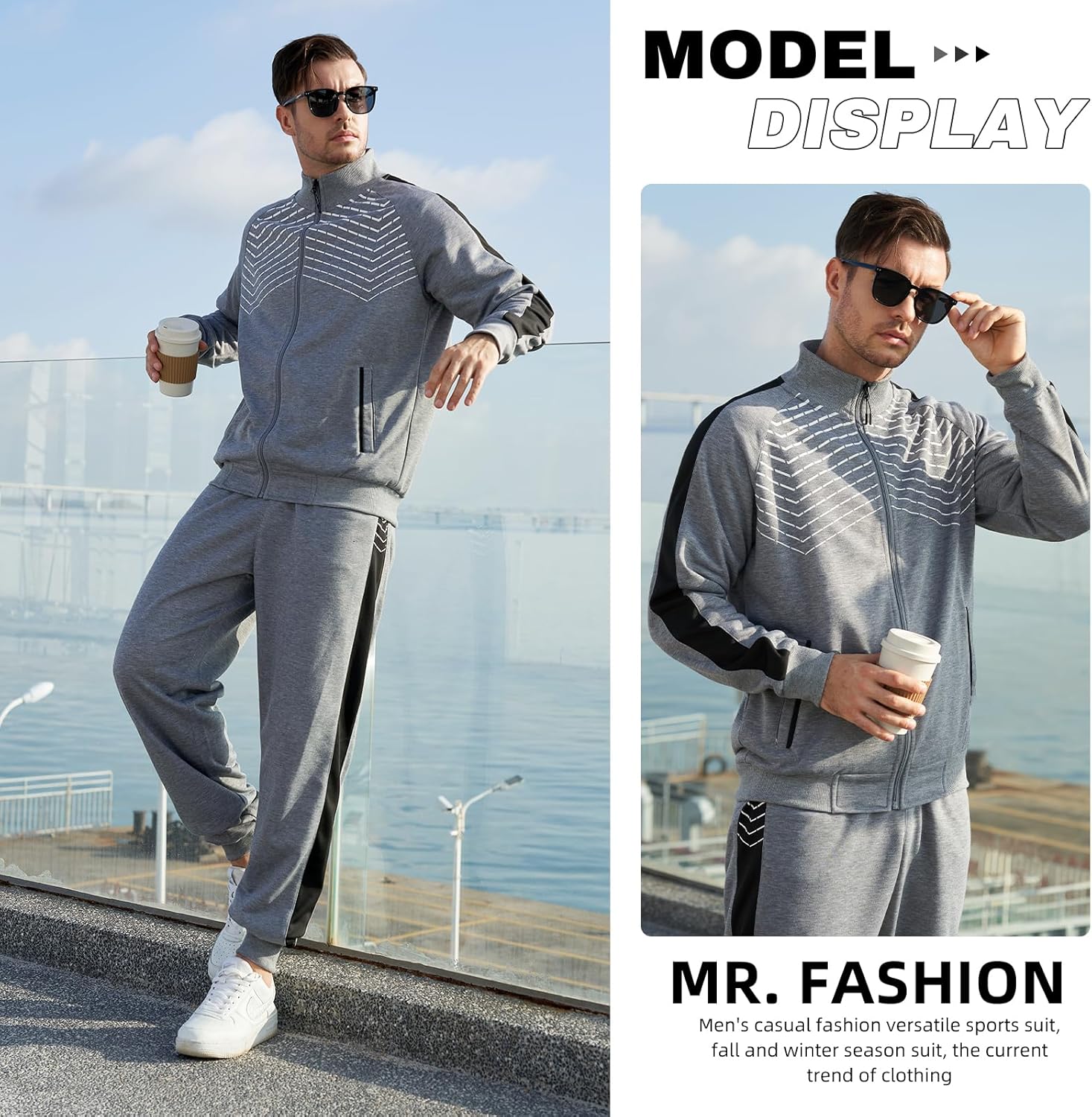 LBL Leading the Better Life Men's Sweat Suit 2 Piece Outfit Casual Contrast Sports Jogging Tracksuits Set - Image 2