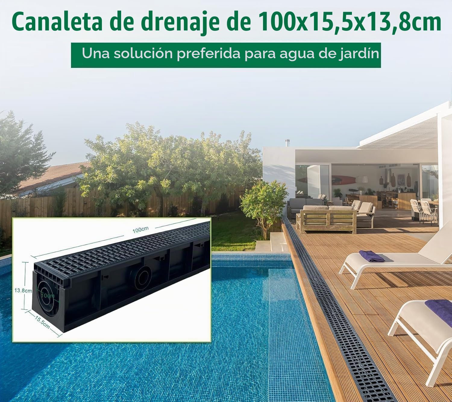 Canaleta de drenaje (6 metros) con rejilla de plástico, altura de drenaje: 100 mm, EN1433 A15, canalón con 2 tapas de extremo, para terraza, jardín, transitable, resistente a las heladas