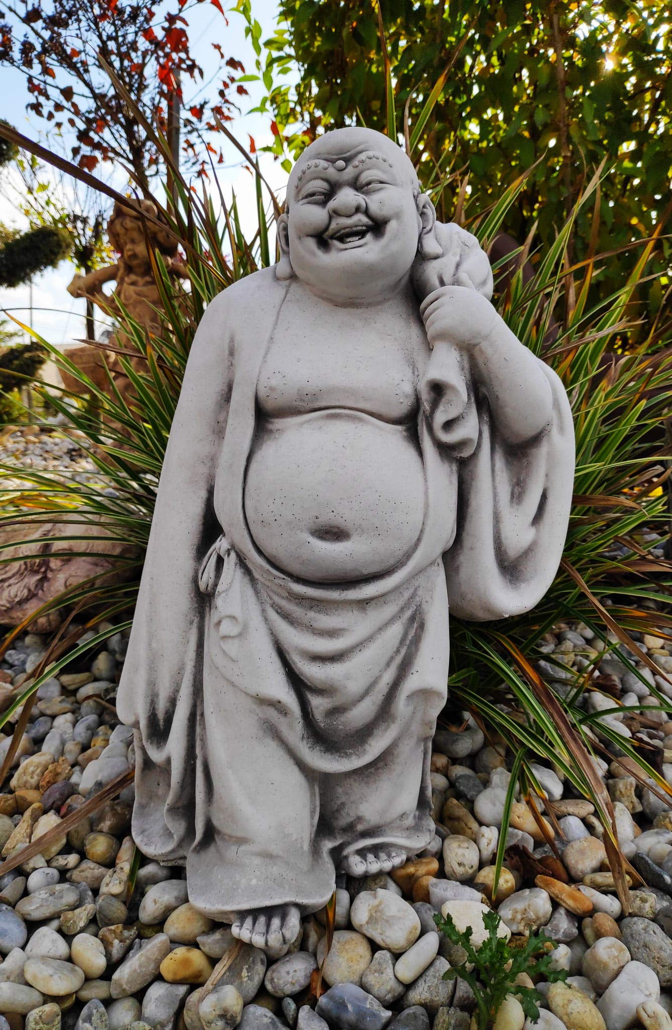 Statue en Pierre Ornement de Jardin Figurine de Joyeux Bouddha Voyageur