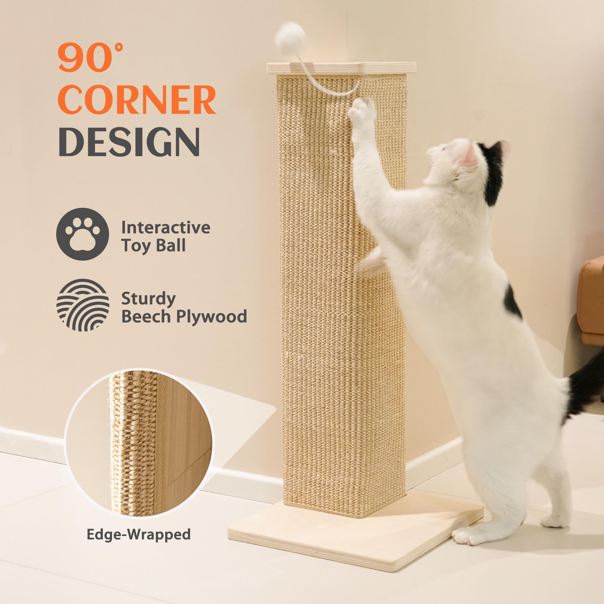 PETKARAY Eck-Kratzbrett für Katzen, 71 cm Hoher Kratzpfosten für Sofa und Wand, Sisal Kratzmatte, Möbel-Schutz mit Spielball, Groß