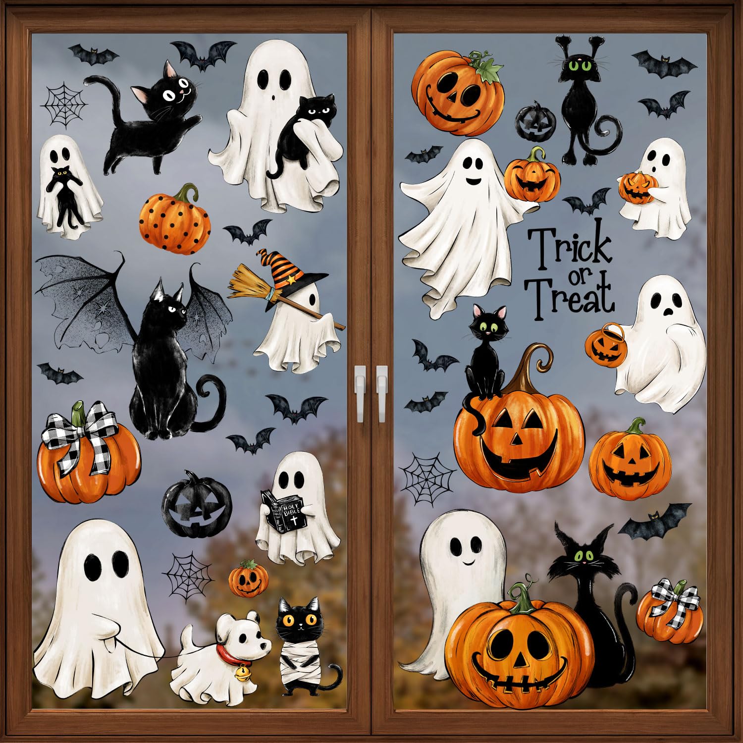 87 PCS Halloween Window Clings Ghost Decals Decor, Vintage Ghost Evil Pumpkin Bat Black Cat Reusable Window Stickers for Halloween Party Supplies Home Glass Decorations