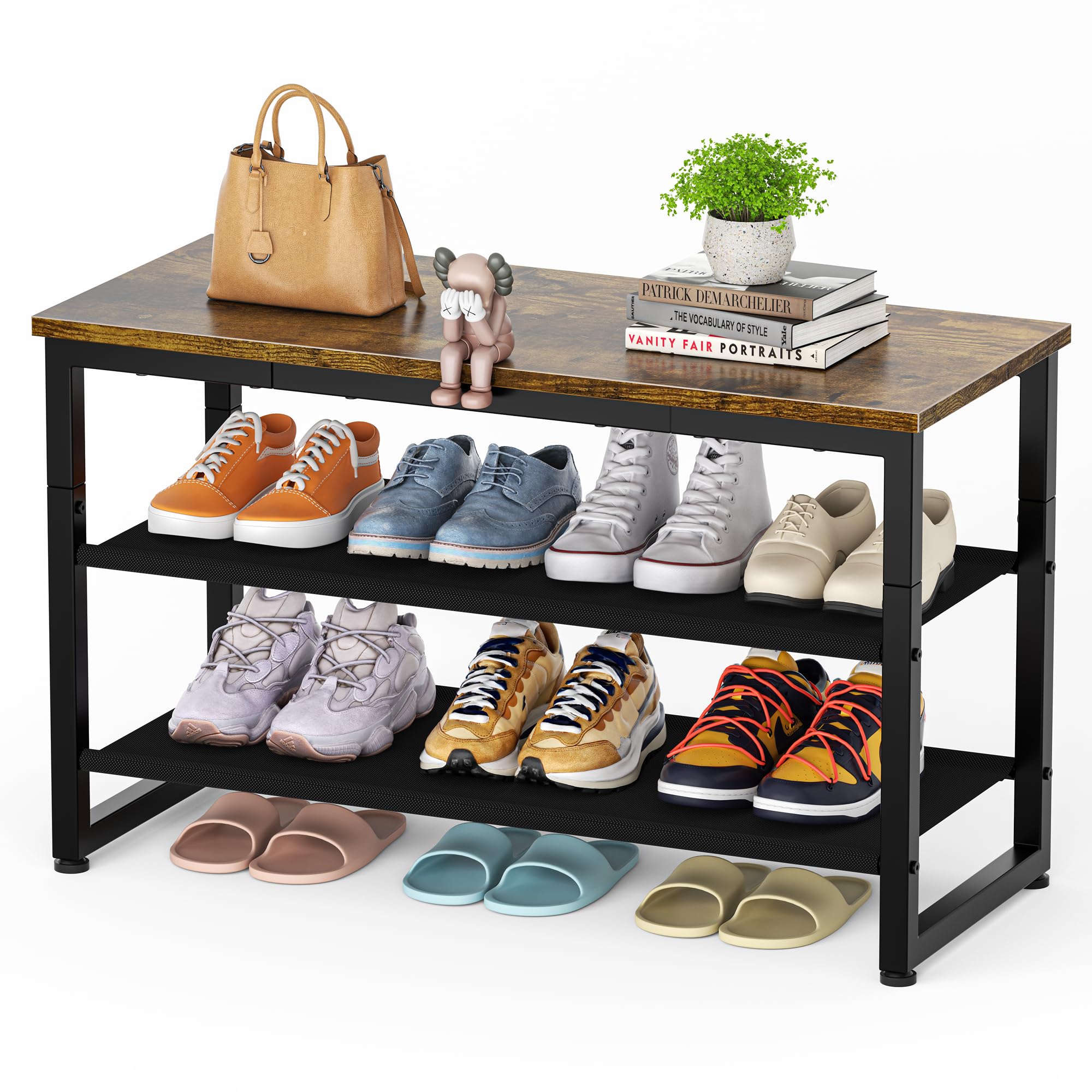 SIMPDIY Shoe Rack, 3 Tier Shoe Storage with Wooden Shelf, Shoes Bench Storage with Seat for Entryway Living Room Hallway Bedroom, Load Capacity 150 kg, Rustic Brown