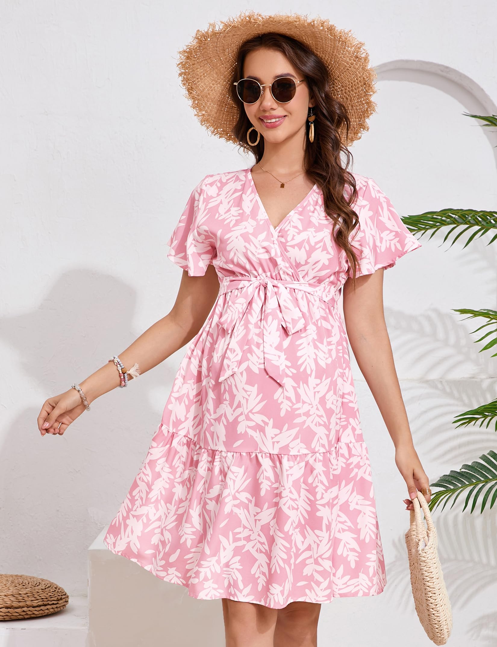 Yesfashion Robe de maternité d'été pour femme - Col en V - Manches courtes - Élégante robe de grossesse avec ceinture (emballage réutilisable)