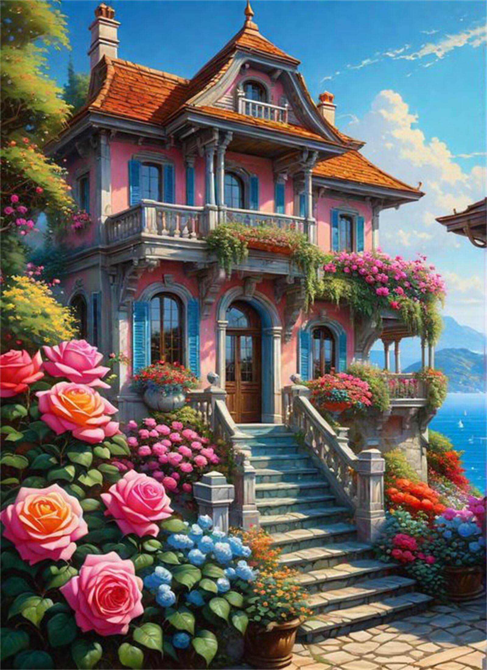 Puzzle 1500 Pezzi per Adulti,Puzzles Artistico,Villa Rose Flowers puzzle Fai da te Intrattenimento Creativo, puzzles Classico Regali per la casa