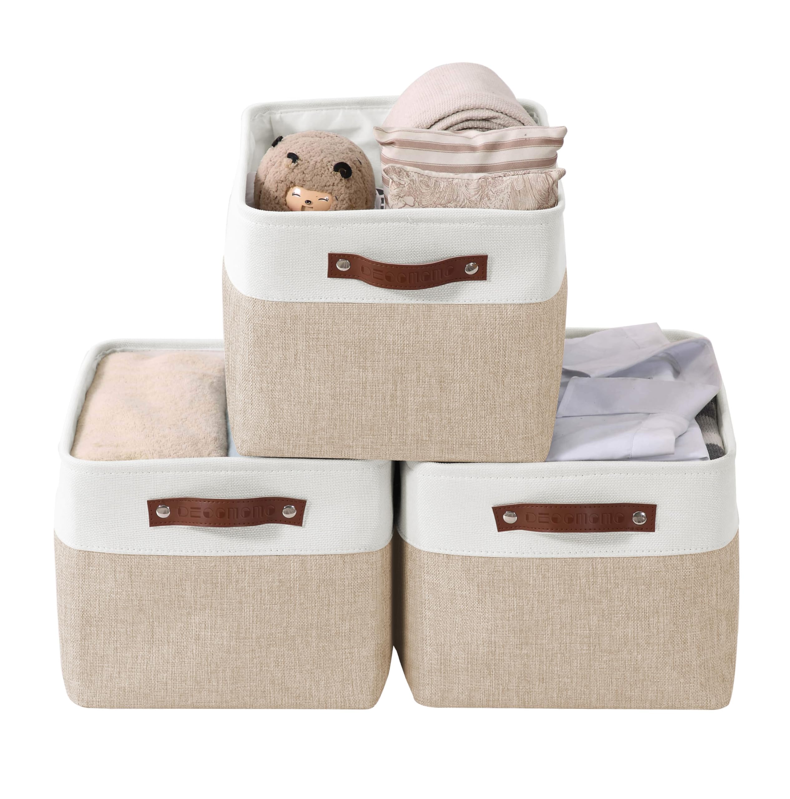 DECOMOMO Storage Bins Fabric Storage Baskets for Shelves, Linen Closet Organization Toys Nursery (Beige and White, XL - 3 Pack)
