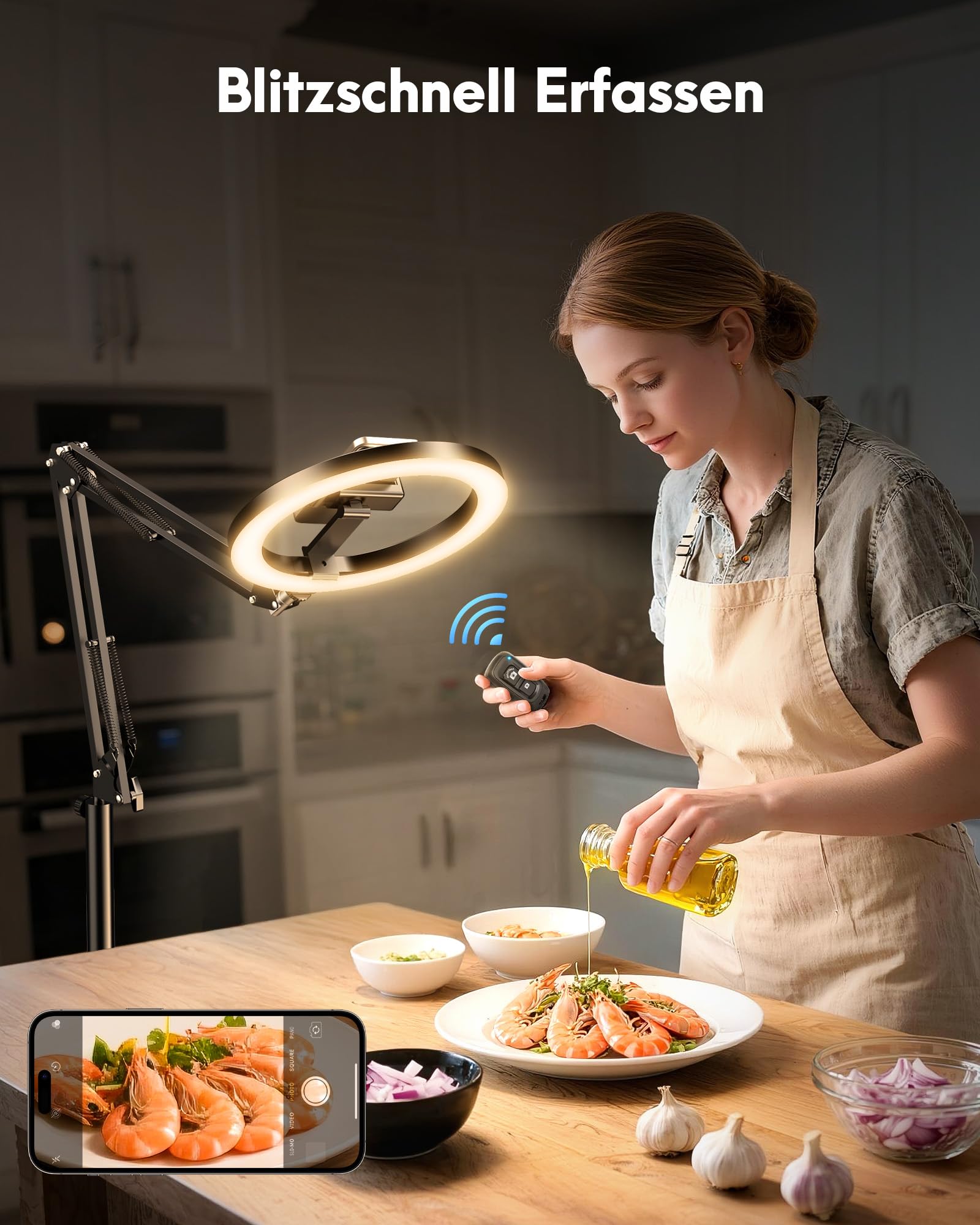 Upgrade Ringlicht Ringleuchte mit Stativ Overhead, Evershop 10” Handy Stativ mit LED Ringlicht Flexibel 70,8” Höhe& 360°Lichtring Ring Light mit Fernbedienung Blitzgeräte für Tiktok YouTube,CRI>95