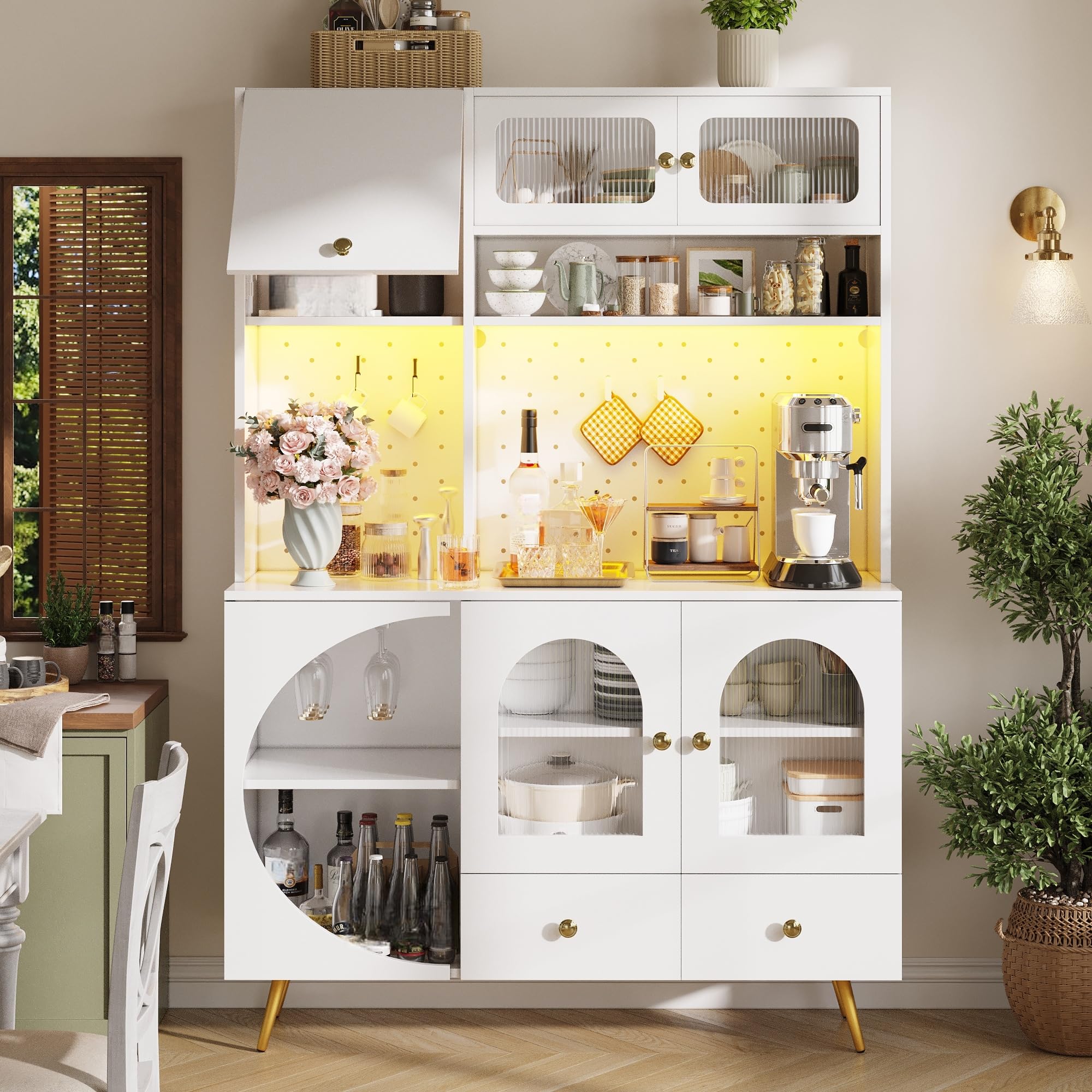 Aparador Cocina Alto Armario Cocina con Enchufe y LED, Alacena de Cocina con Puerta Vidrio y Placa Orificio, Mueble Aparador con Portavaso y Cajón, Dispositivo Antivuelco, 120x40x176 cm, Blanco