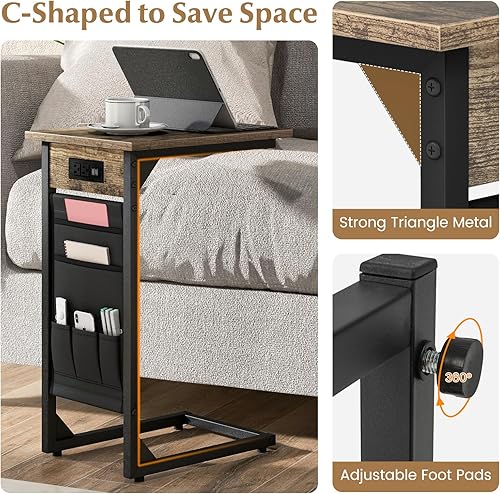 Miniatura 6 de Giantex Juego de 2 mesas auxiliares en forma de C, mesa auxiliar para sofá con estación de carga y bolsa de almacenamiento lateral, mesa de