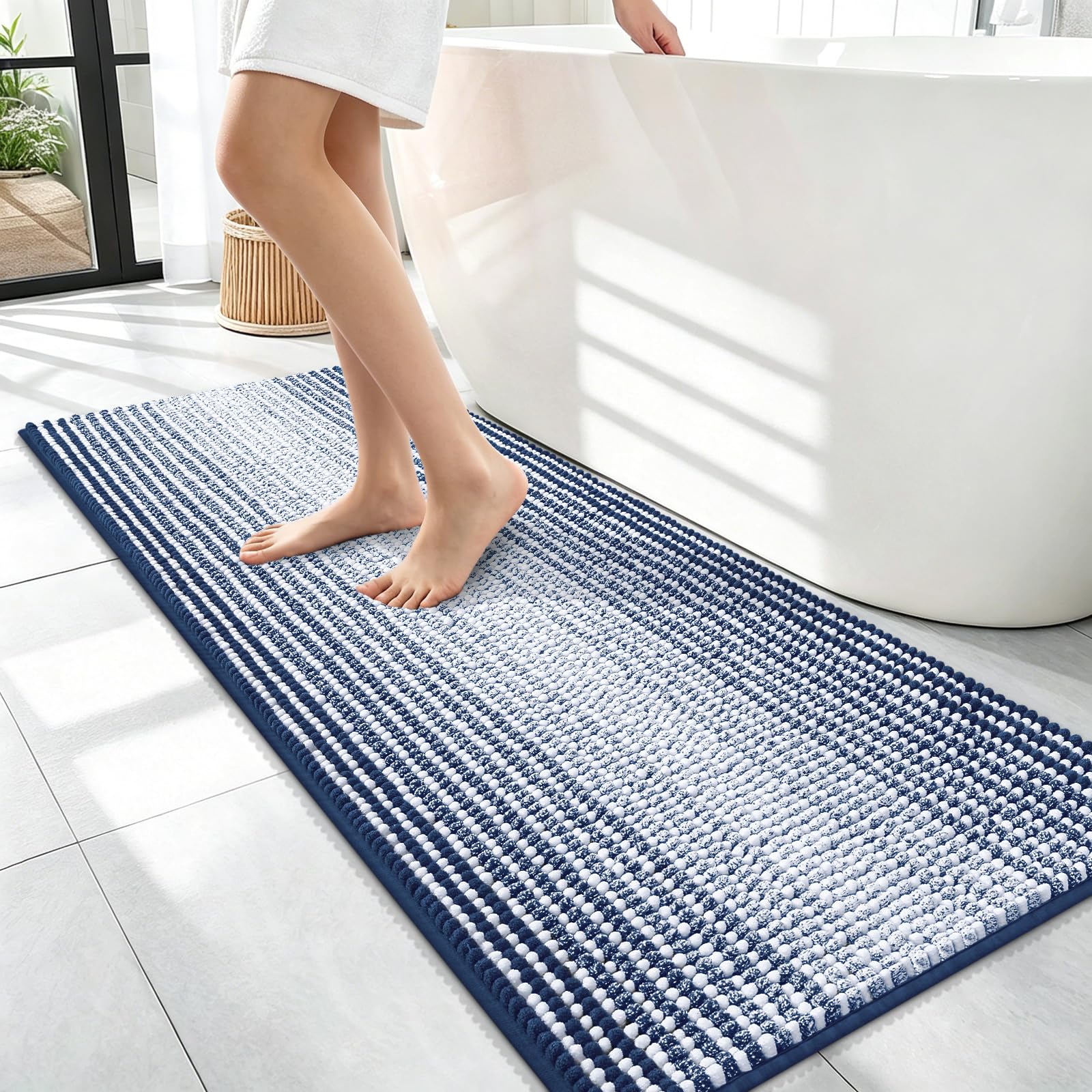 OLANLY Bathroom Runner Rugs 47x17, Soft Chenille Striped Bath Rugs, Navy